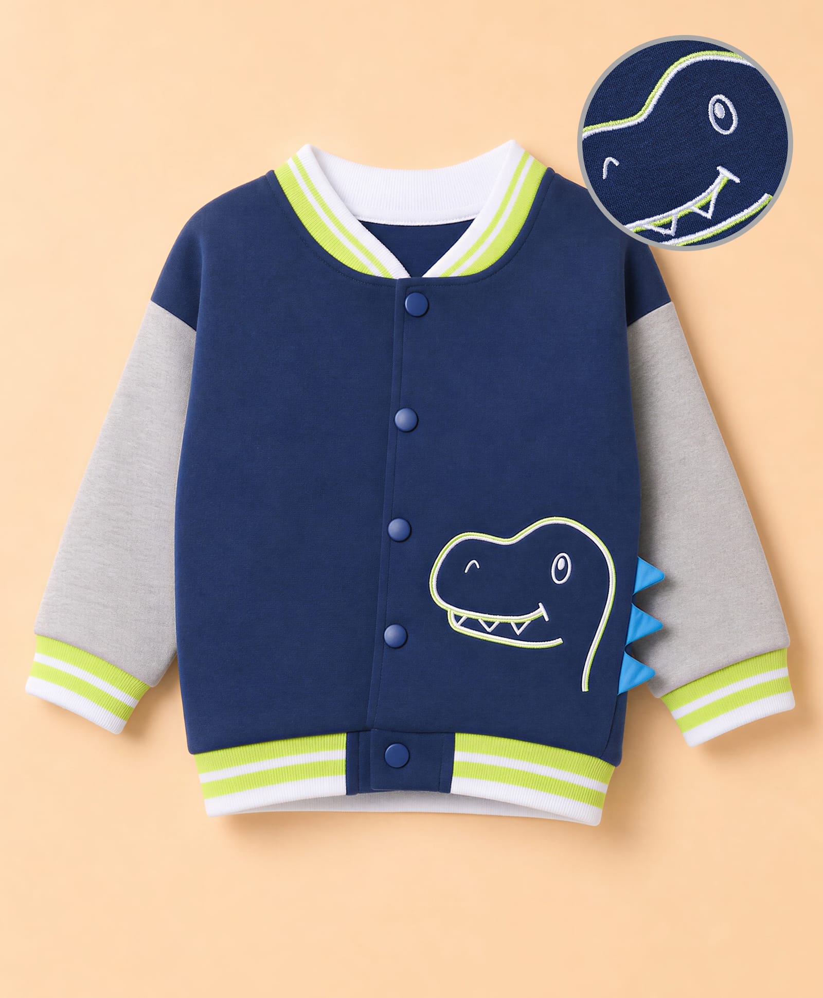 Mark & Mia Fleece Knit Oversized Bomber Jacket with Full Sleeves and Dinosaur Print - Navy Blue-image-14