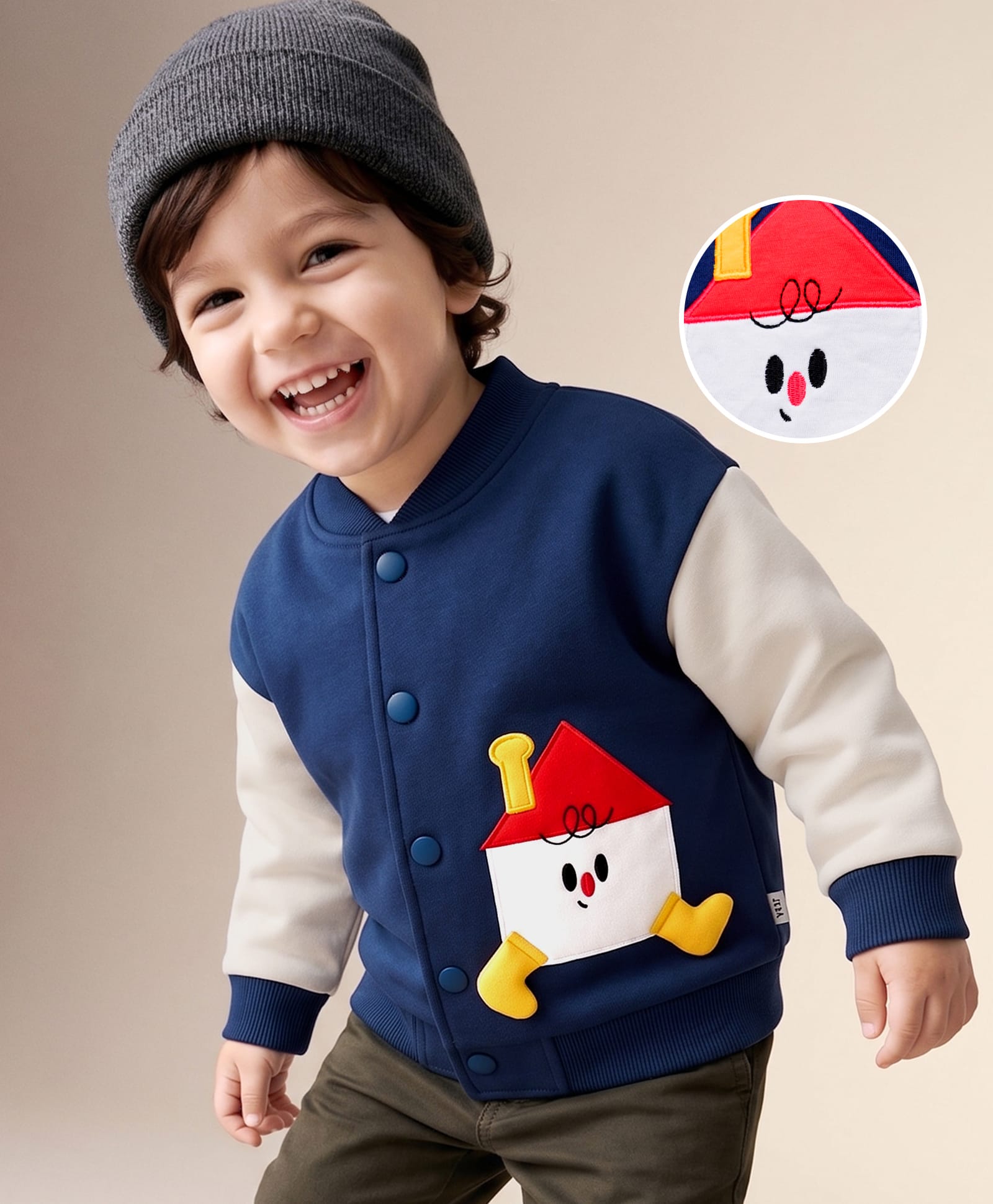 Mark & Mia Fleece Knit Oversized Bomber Jacket with Full Sleeves and House Applique - Navy Blue-picture-11