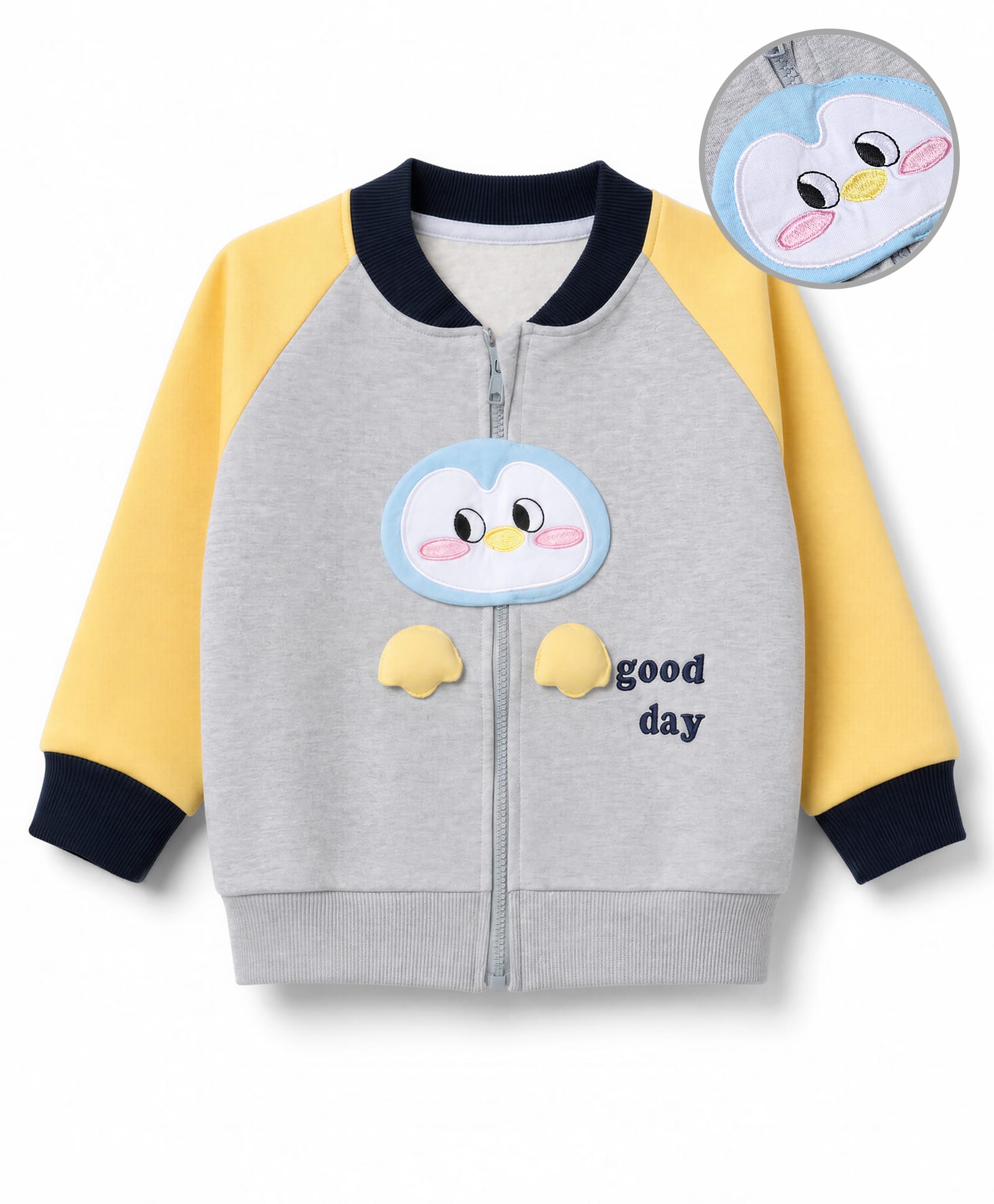 Mark & Mia Cotton Fleece Knit Raglan Sleeves Bomber Jacket With Full Sleeves & Penguin Embroidery & Applique Detailing - Grey-image-21