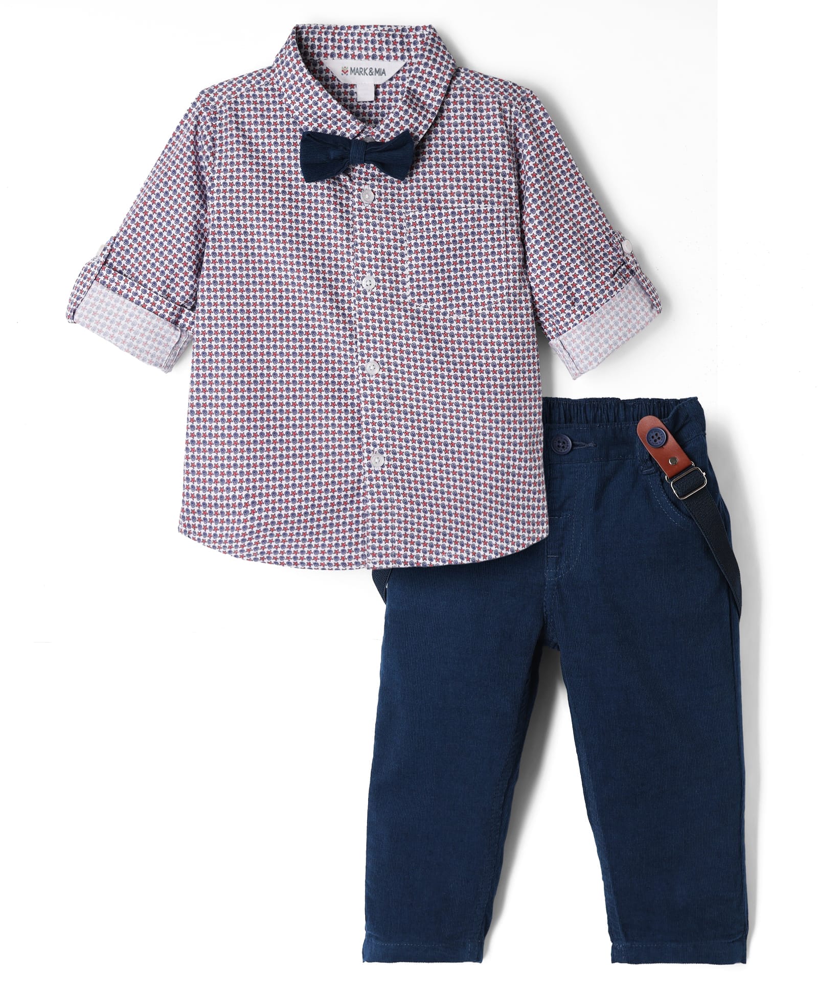 Mark & Mia Popiln Woven Full Sleeves Star Printed Party Wear Shirt & Pant Set With Bow & Suspender - Navy Blue-picture-22