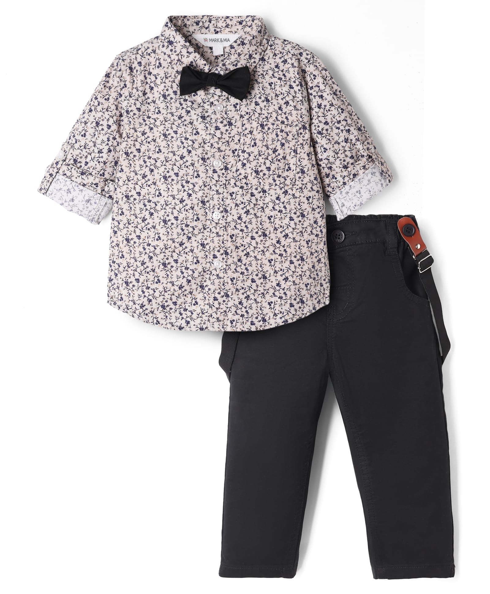 Mark & Mia Poplin Woven Full Sleeves Floral Printed Party Wear Shirt & Pant Set With Bow & Suspender - Navy Blue-picture-31
