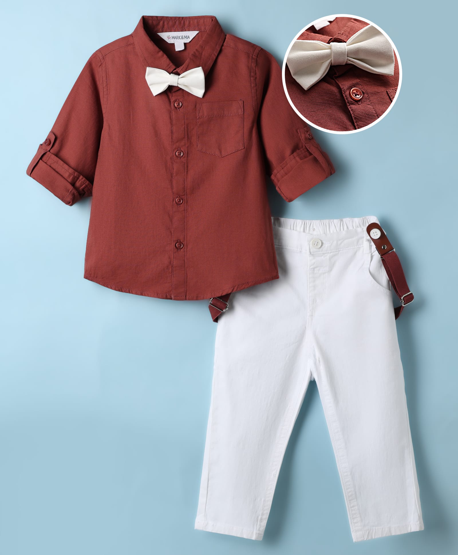 Mark & Mia Cotton Woven Full Sleeves Solid Party Wear Shirt & Pant Set With Bow & Suspender - Maroon & White-picture-22