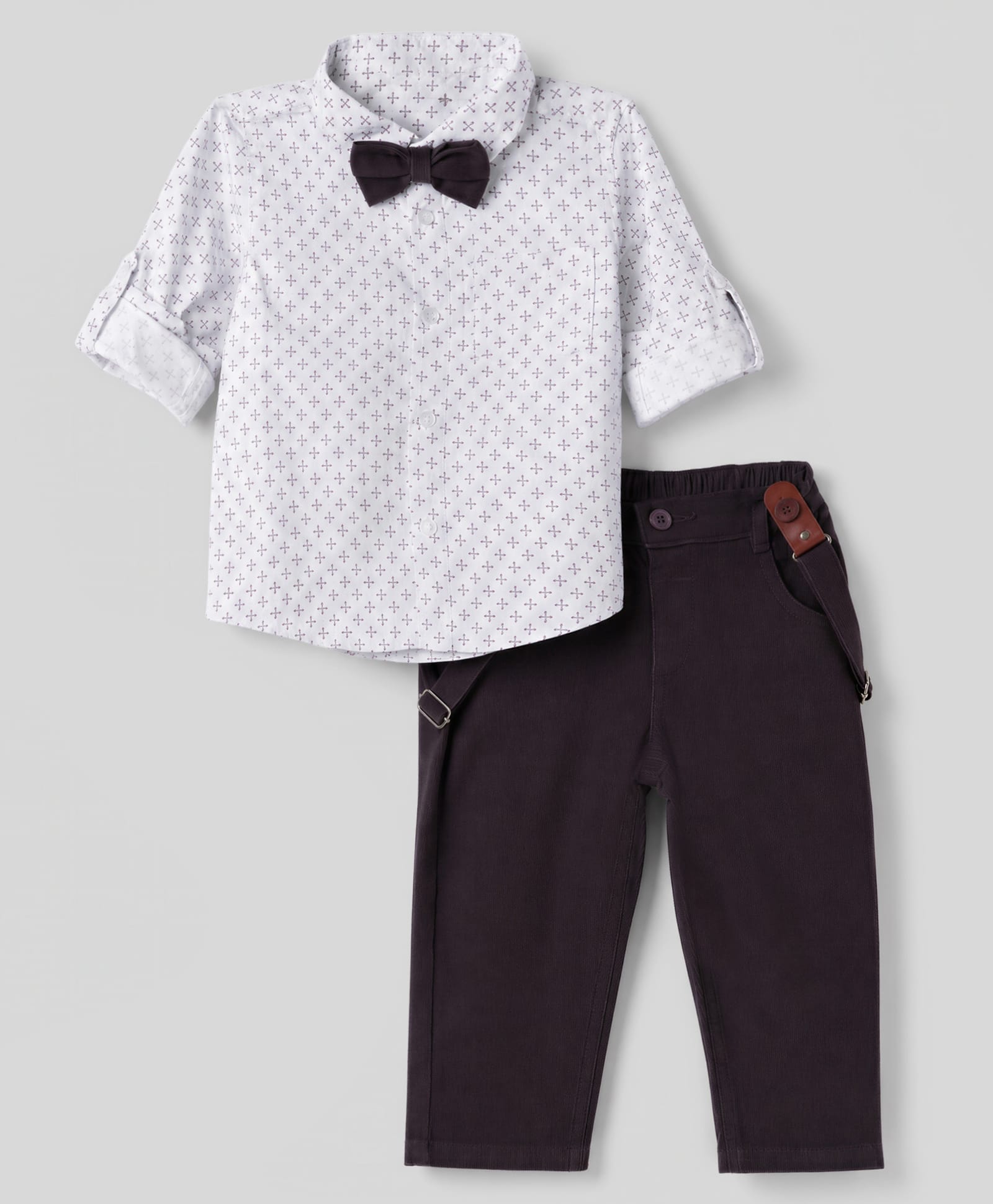 Mark & Mia Woven Full Sleeves Party Wear Printed Shirt & Bottom Set With Bow & Suspender Detailing - White-picture-25