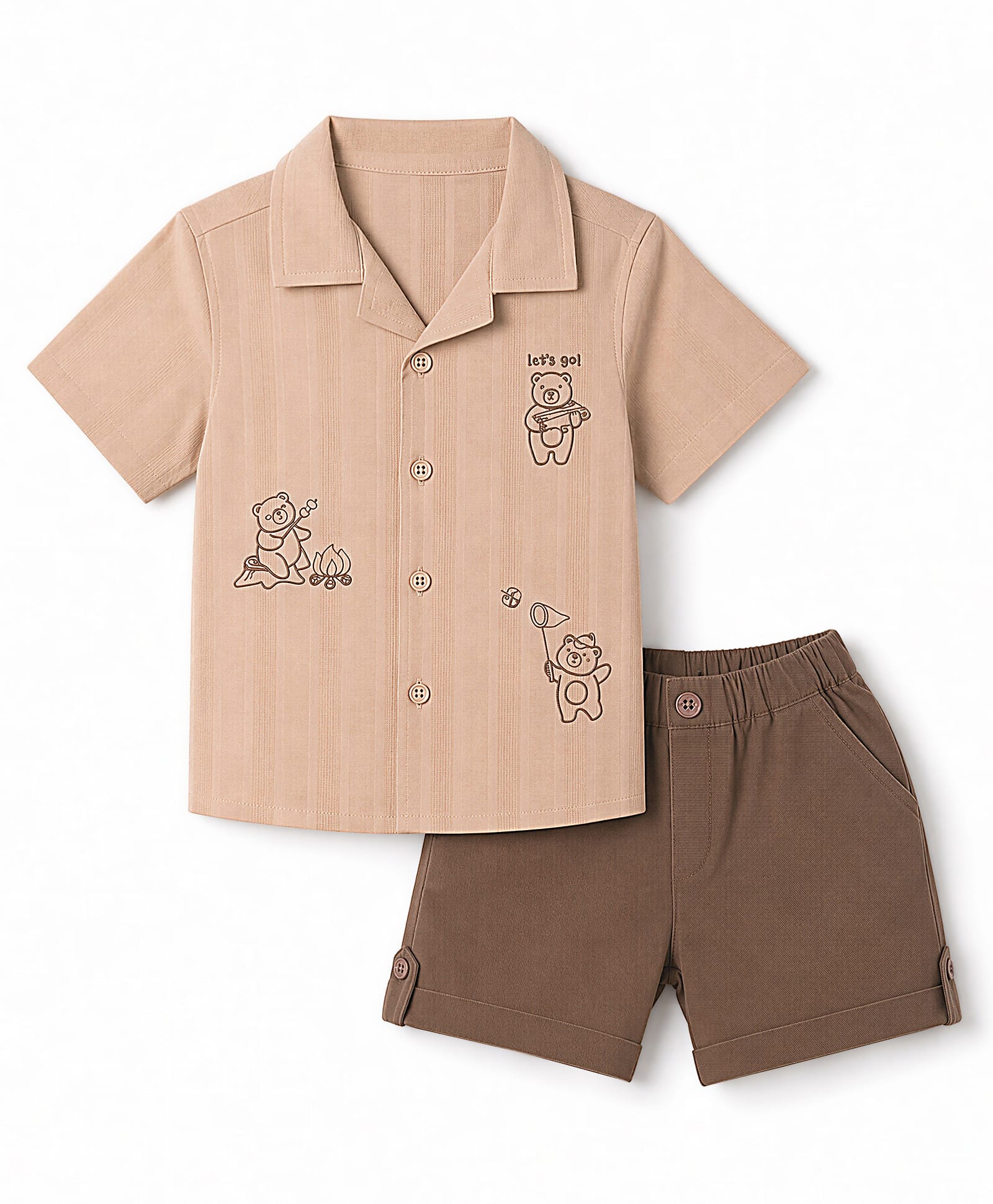 Simply Premium Seer-Sucker Woven Half Sleeves Shirts & Shorts Set with Bear Embroidered - Tan-picture-16