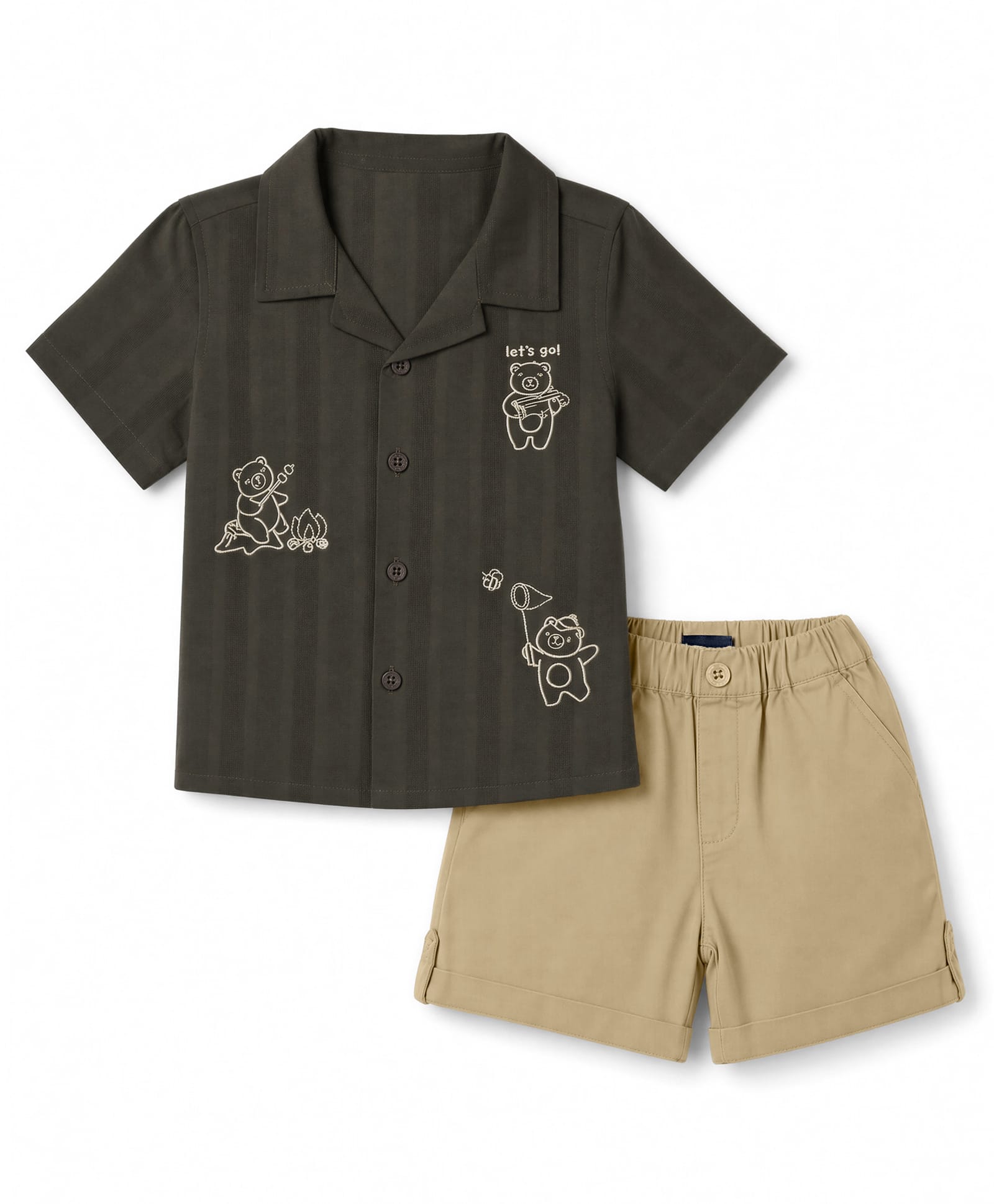 Simply Premium Seer-Sucker Woven Half Sleeves Shirts & Shorts Set with Bear Embroidered - Olive-picture-12