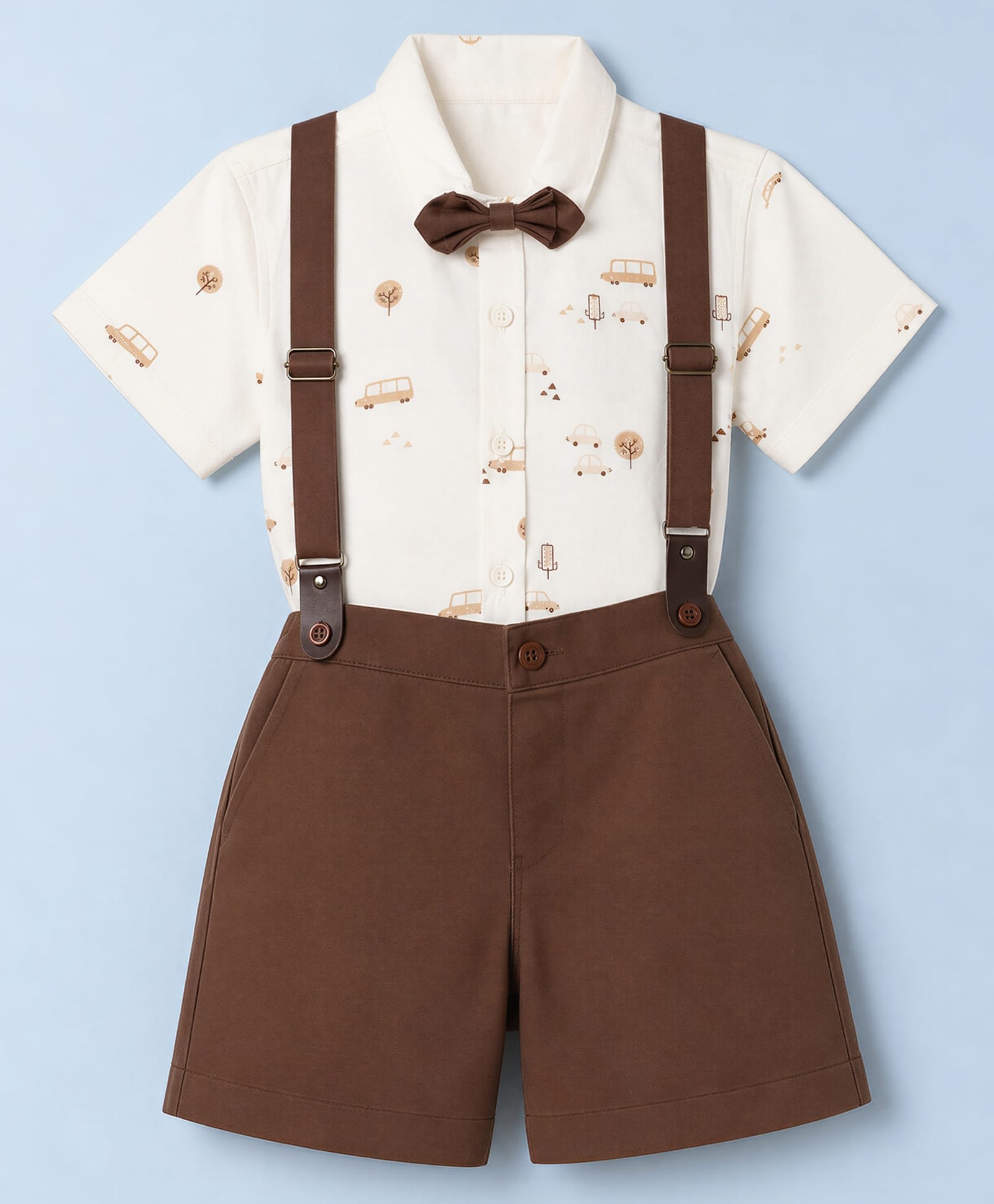 Simply Premium Poplin Half Sleeves Car Printed Shirt & Shorts Set with Bow & Suspender - Brown-picture-46