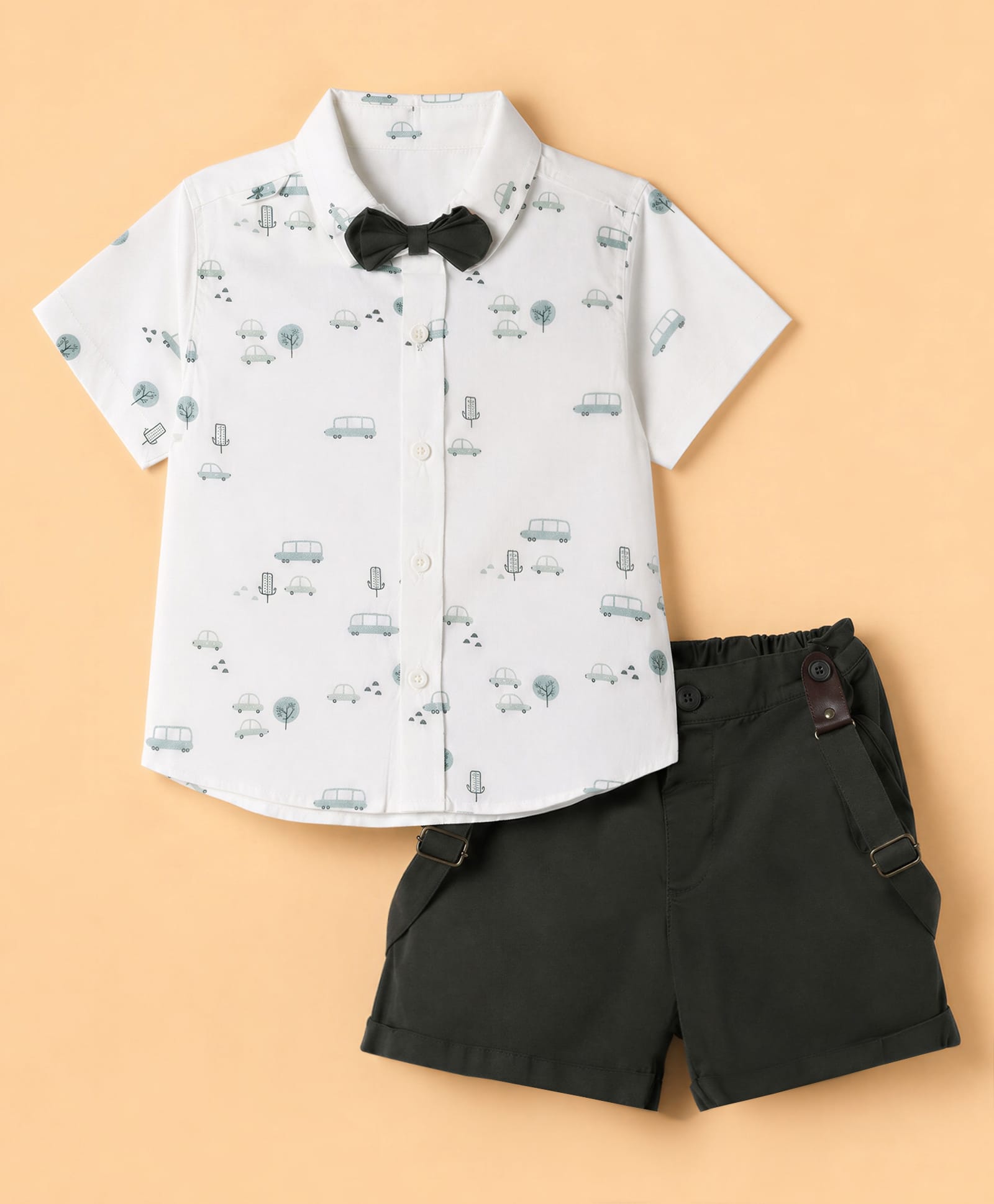 Simply Premium Poplin Half Sleeves Car Printed Shirt & Shorts Set with Bow & Suspender - Green-image-30
