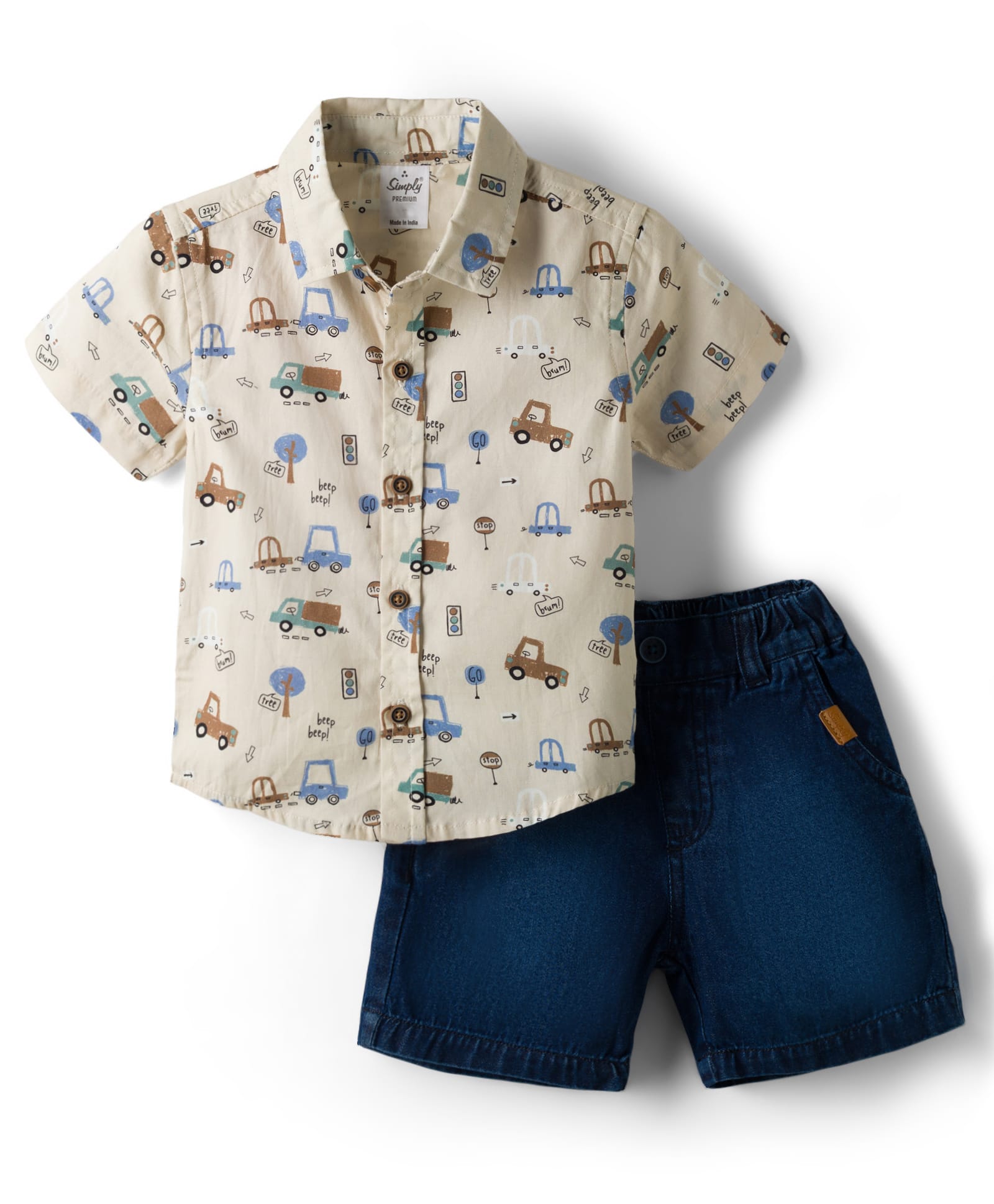 Simply Premium Poplin Woven Half Sleeves Shirts & Shorts Set with Car Print - Khaki-picture-11