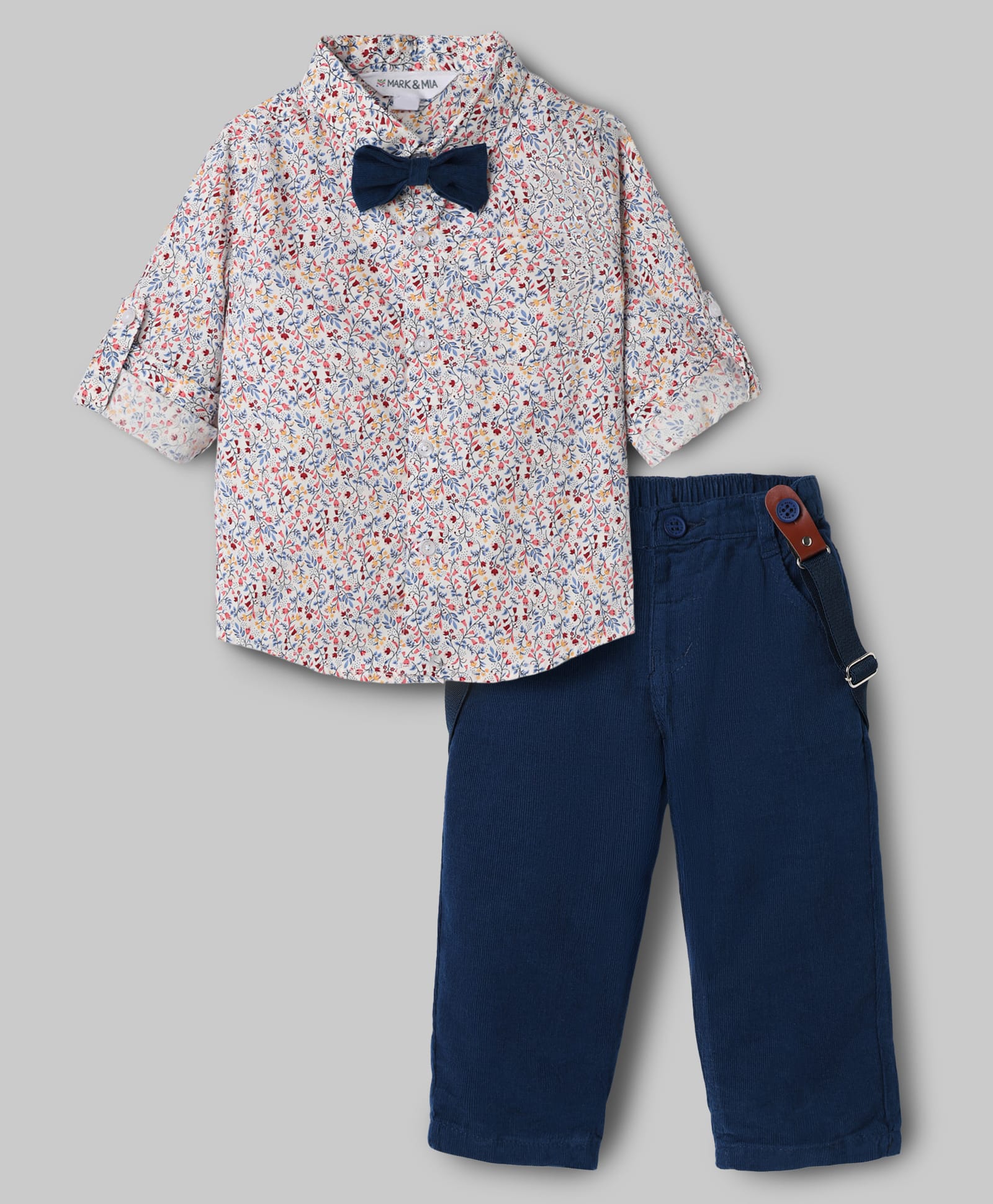 Mark & Mia Woven Full Sleeves Floral Printed Shirt & Pant Set With Bow & Suspender Detailing - White & Navy Blue-picture-19