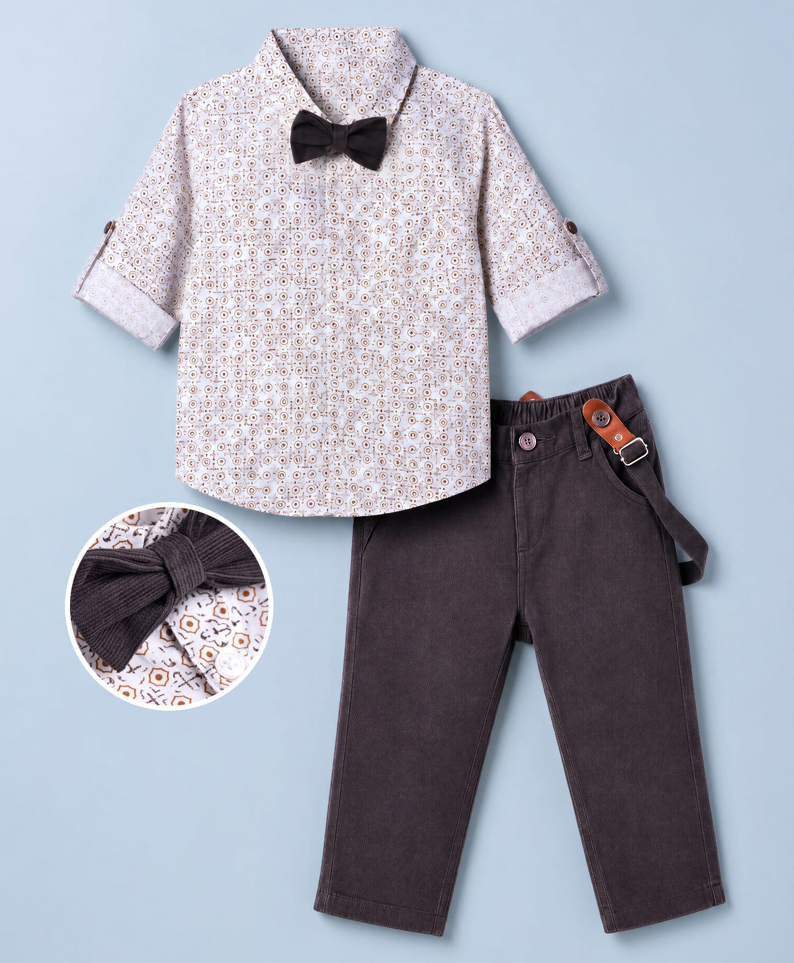 Mark & Mia Woven Full Sleeves Party Wear Printed Shirt & Bottom Set With Bow & Suspender Detailing - White-picture-24