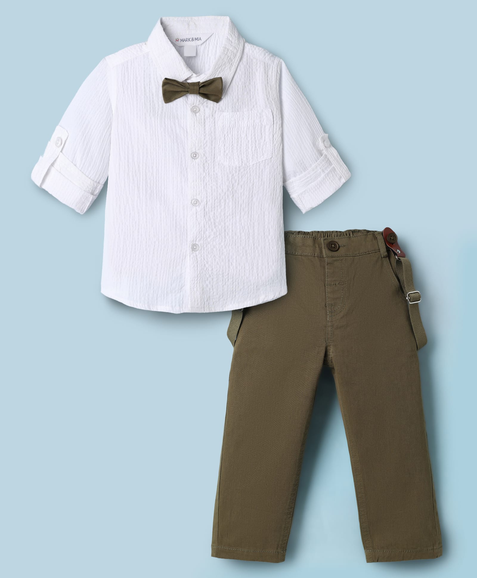 Mark & Mia Woven Full Sleeves Solid Textured Party Wear Shirt & Pant Set With Bow & Suspender - Olive Green-picture-12