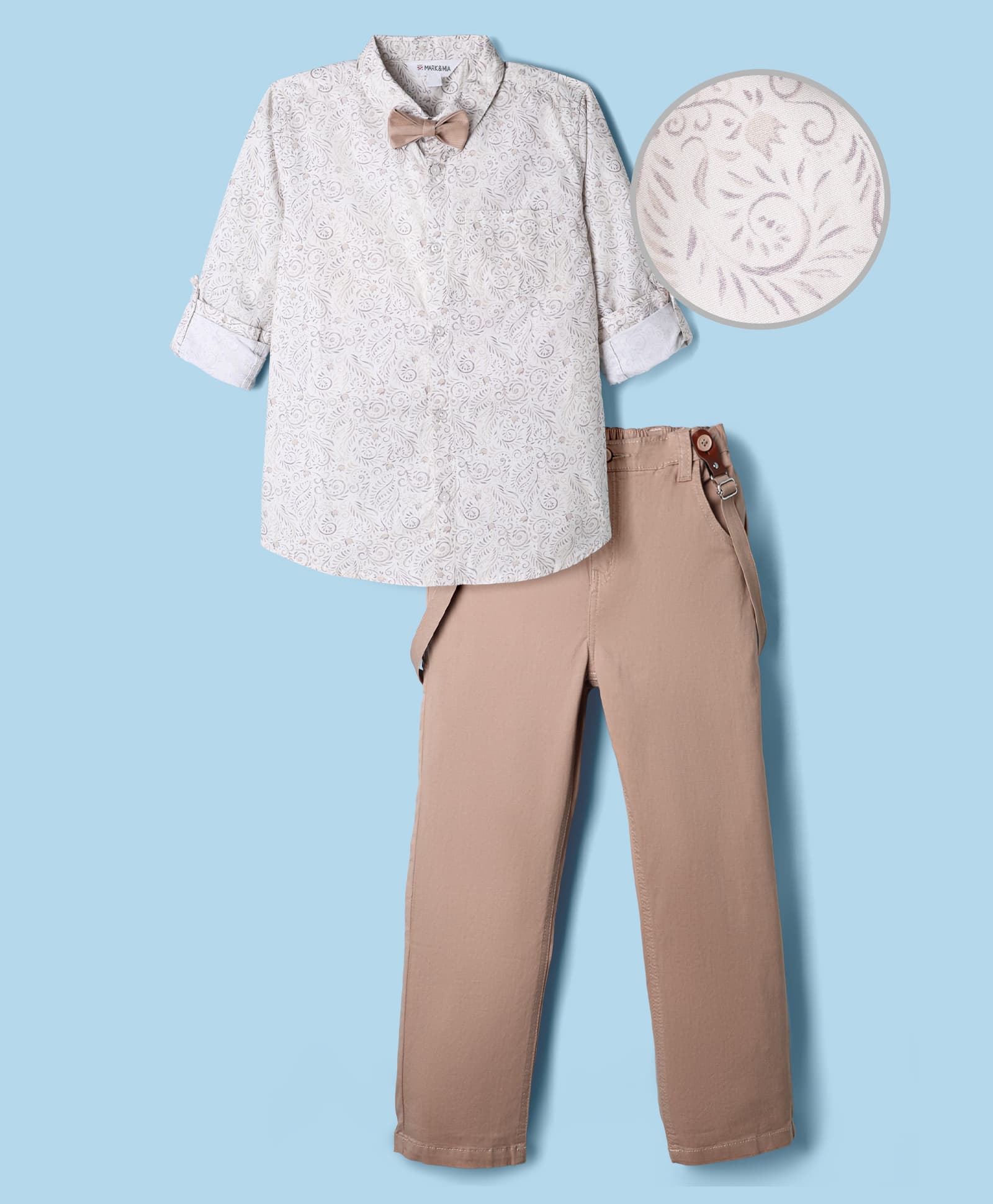 Mark & Mia Poplin Woven Full Sleeves Tropical Theme Printed Party Wear Shirt & Pant Set With Bow & Suspender - Tan-picture-24