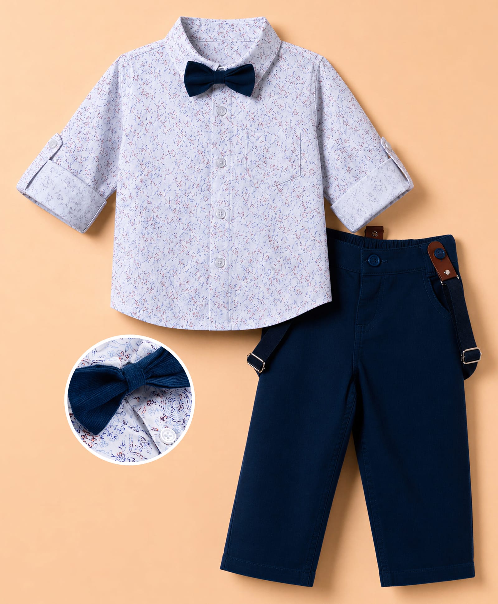 Mark & Mia Poplin Woven Full Sleeves Party Wear Printed Shirt & Pant Set With Bow & Suspender Detailing - White & Navy Blue-picture-27