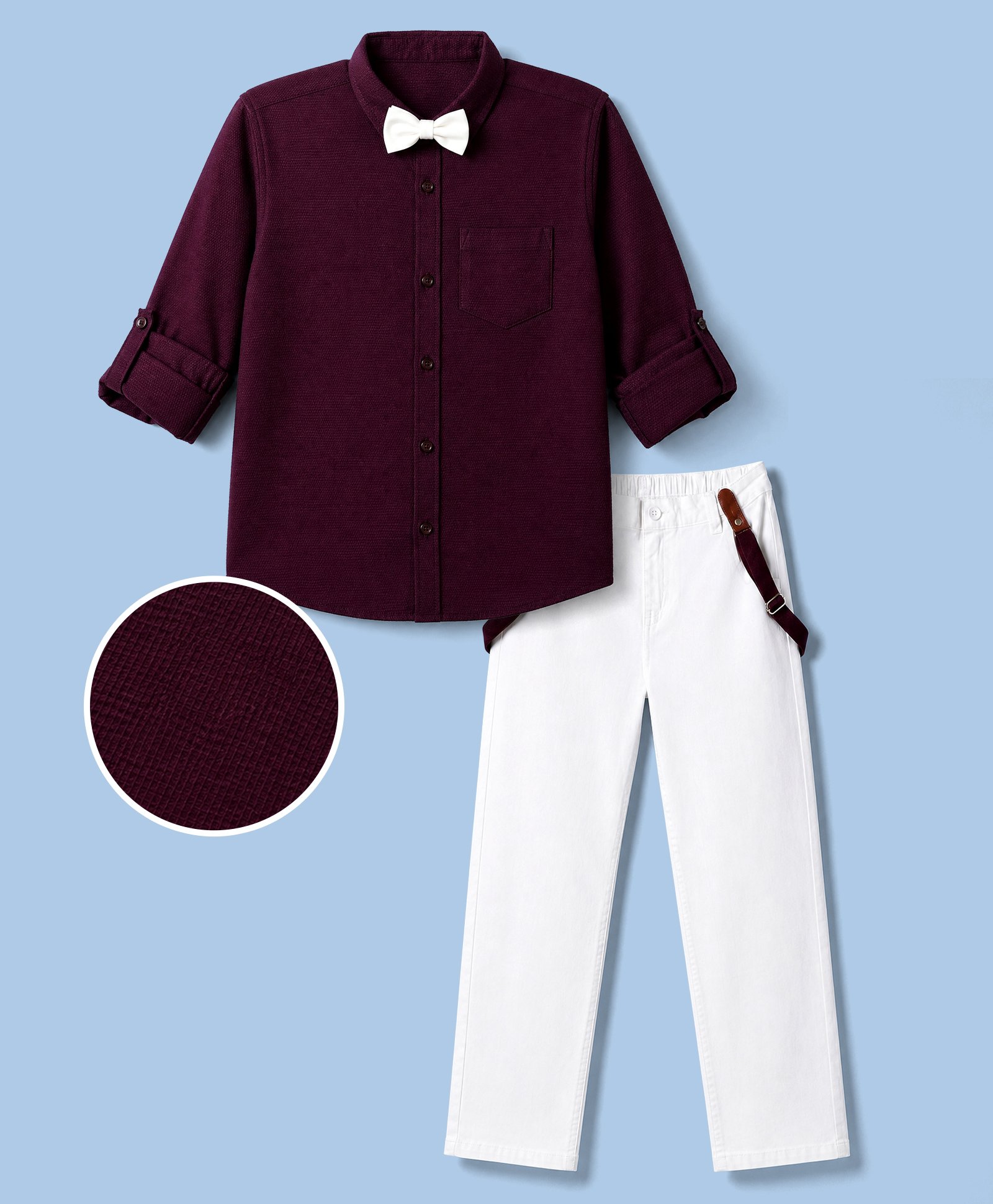Mark & Mia 100% Cotton Woven Full Sleeves Solid Party Shirt & Pant Set With Bow & Suspender - Maroon & White-picture-24