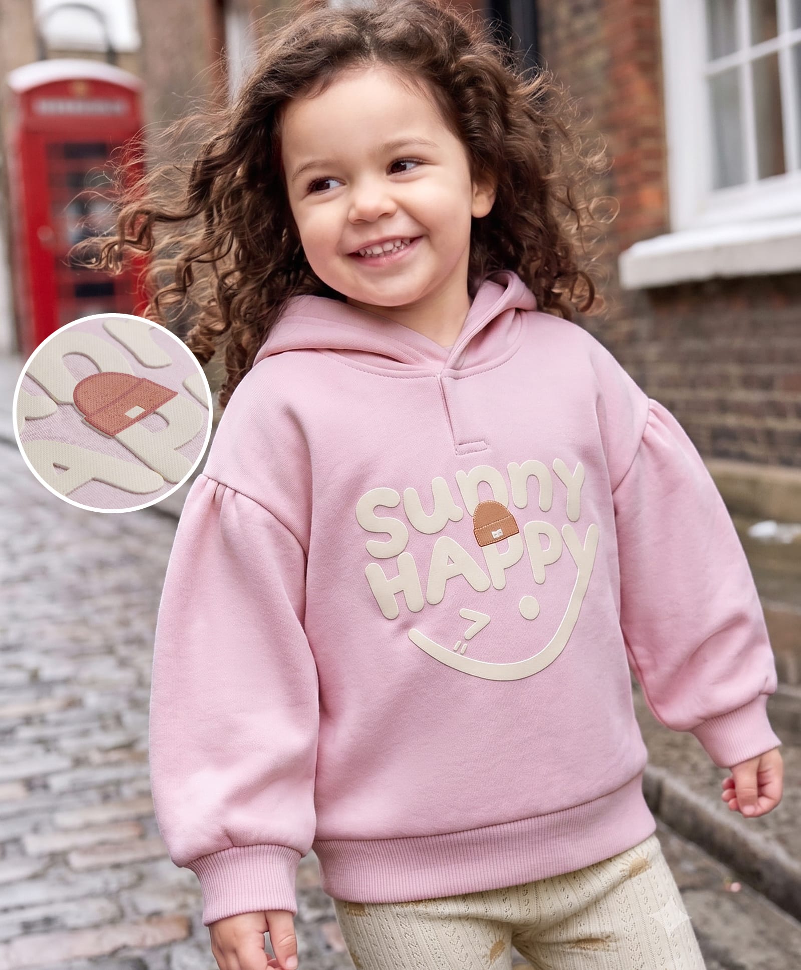 Mark & Mia Fleece Knit Hoodie with Full Sleeves and Sunny Happy Print - Baby Pink-image-33