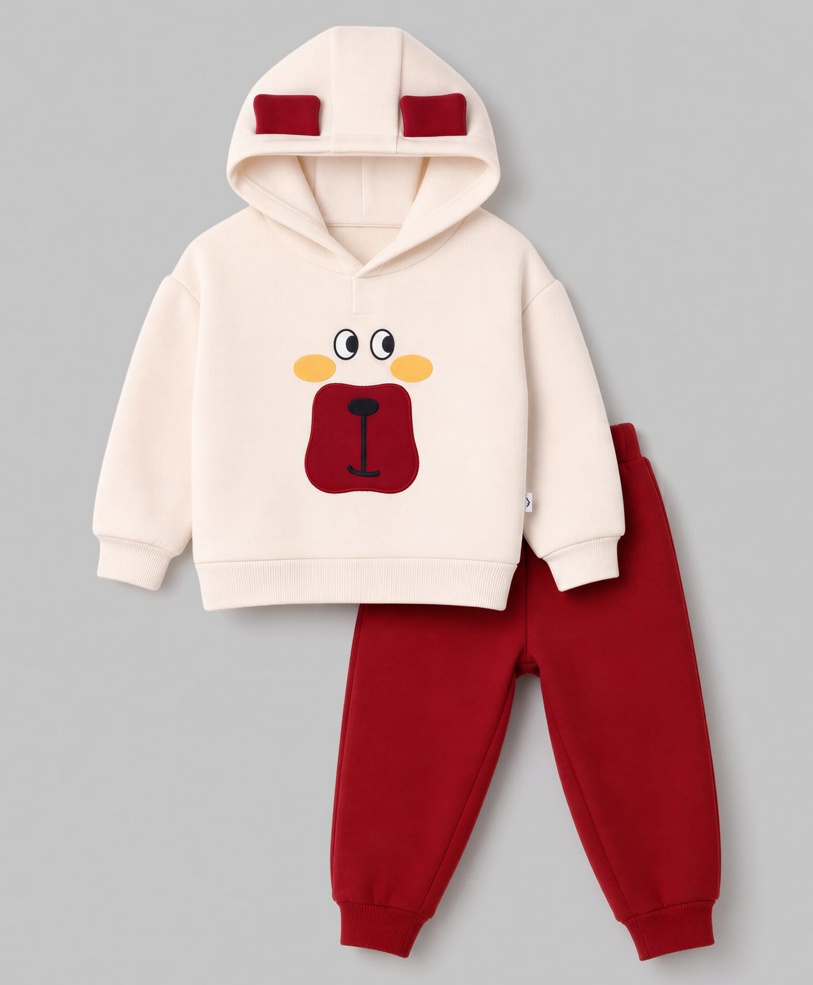 Mark & Mia Fleece Knit Full Sleeves Animal Face Embroidered Hooded Winter Wear Suit - Maroon & Cream-image-4
