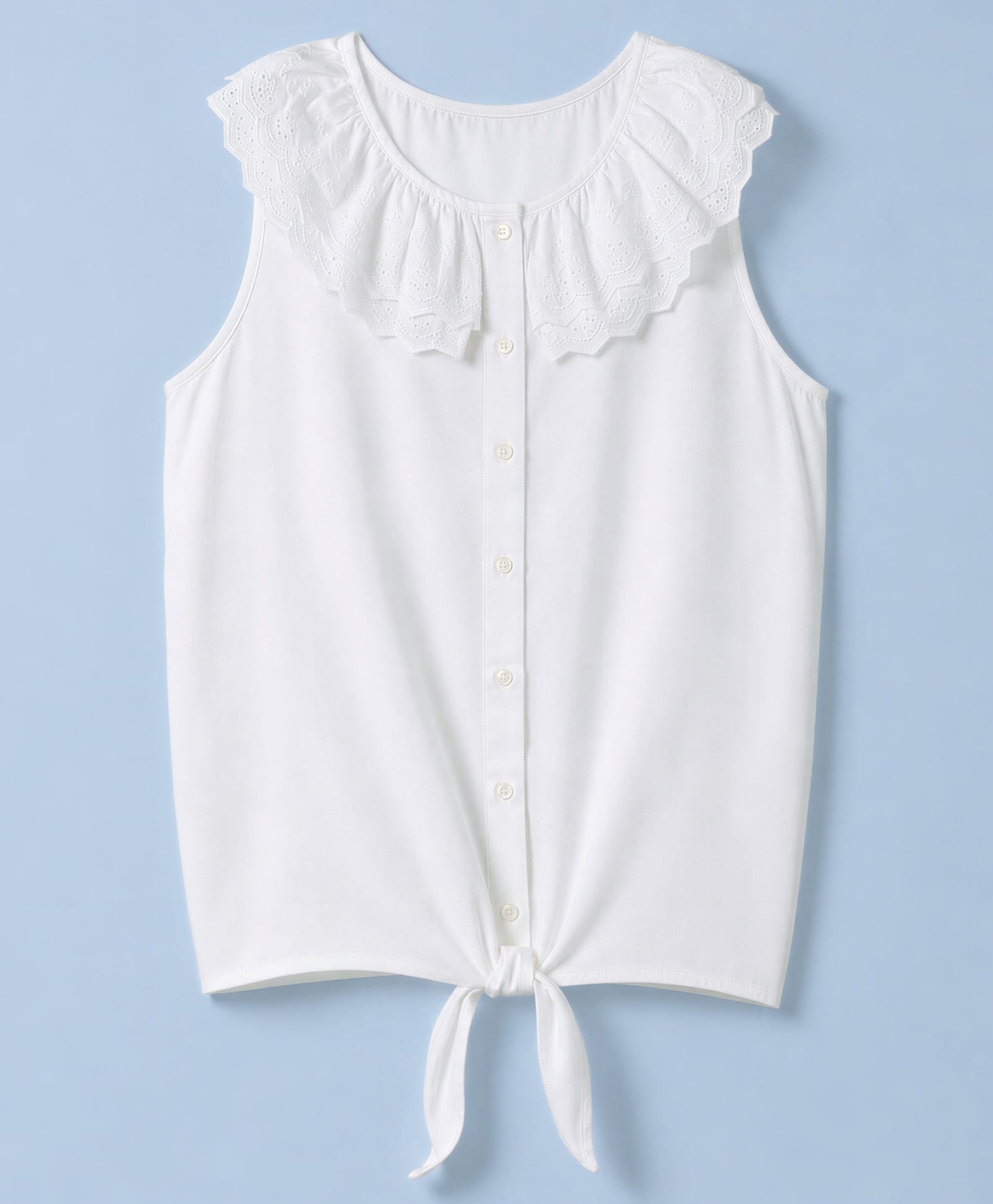 UCB Blended Woven Knotted Solid Top with Sleeveless and Schiffli Collar - White-picture-11