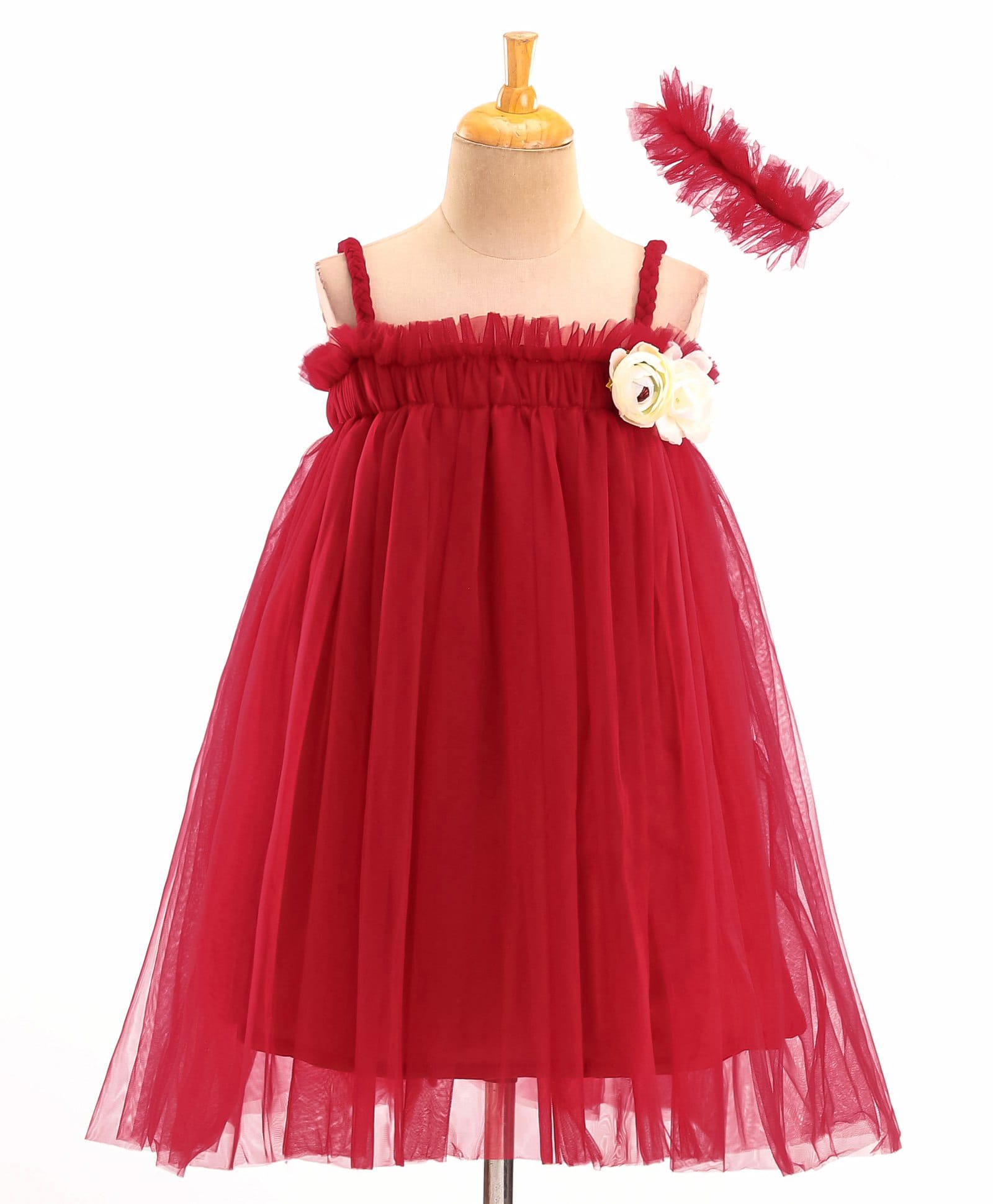 Enfance Net Woven Sleeveless Solid Party Dress With Floral Applique & Headband - Maroon-picture-42