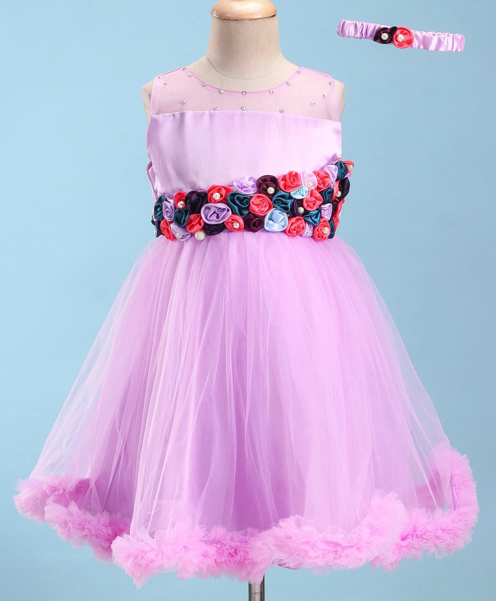 Enfance Net Woven Sleeveless Flower & Pearl Embellished Party Dress With Headband - Lavender-picture-28