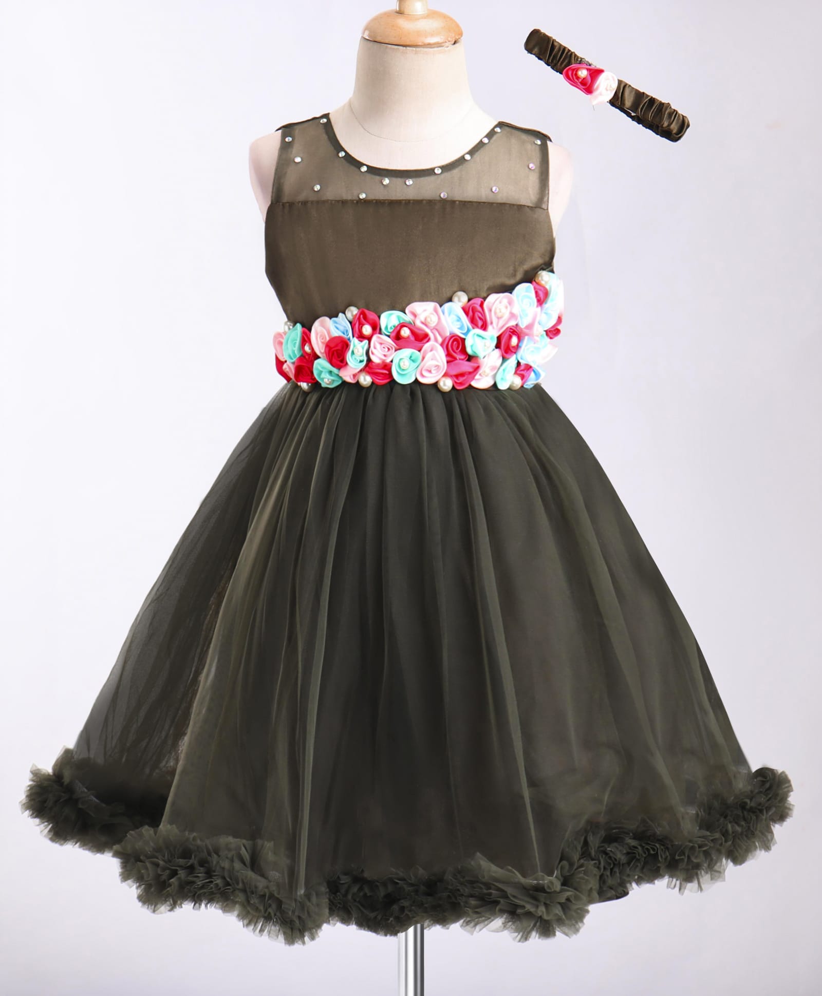 Enfance Net Woven Sleeveless Flower & Pearl Embellished Party Dress With Headband - Olive Green-picture-25