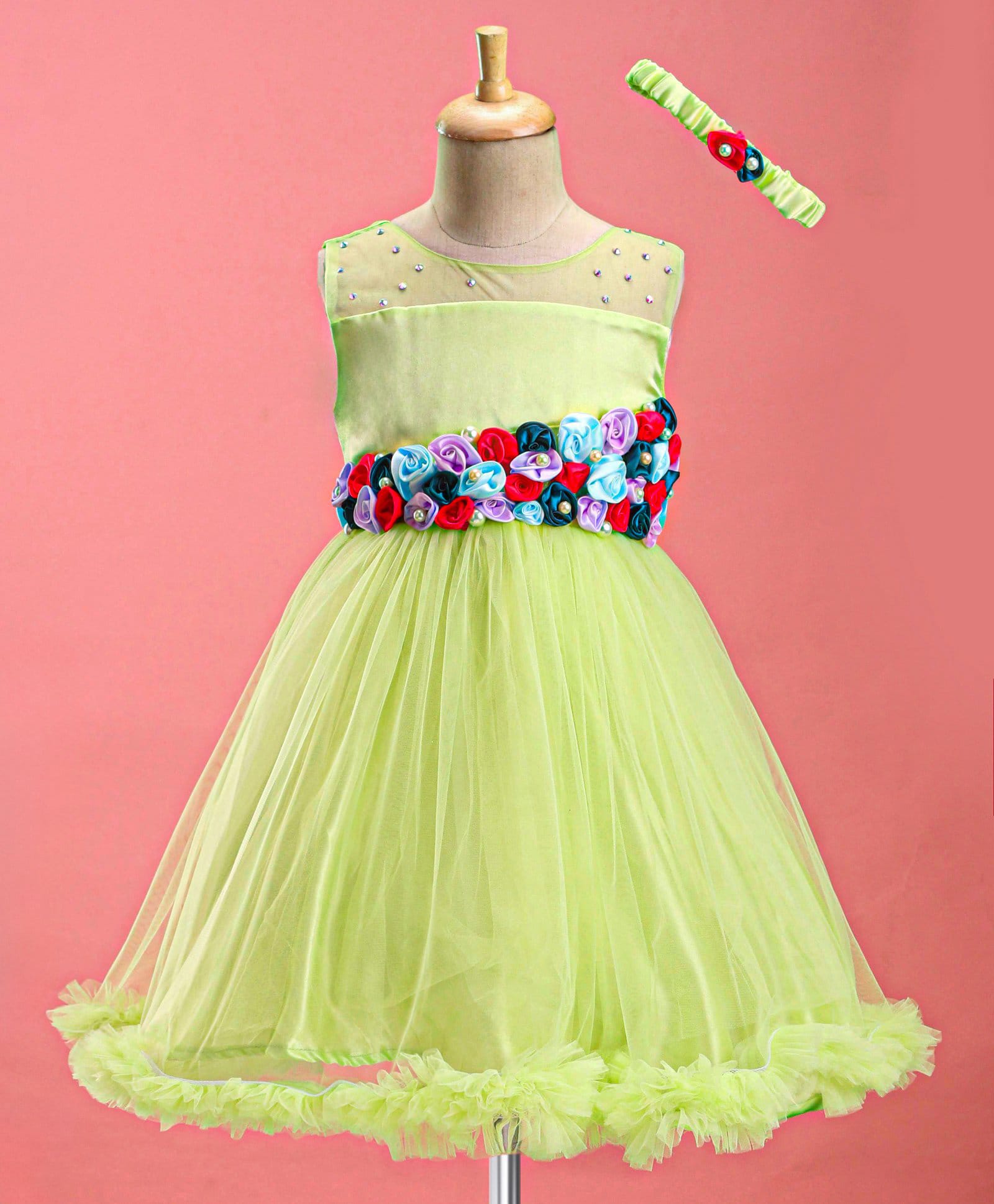 Enfance Net Woven Sleeveless Flower Applique & Pearl Embellished Party Dress With Headband - Green-picture-38