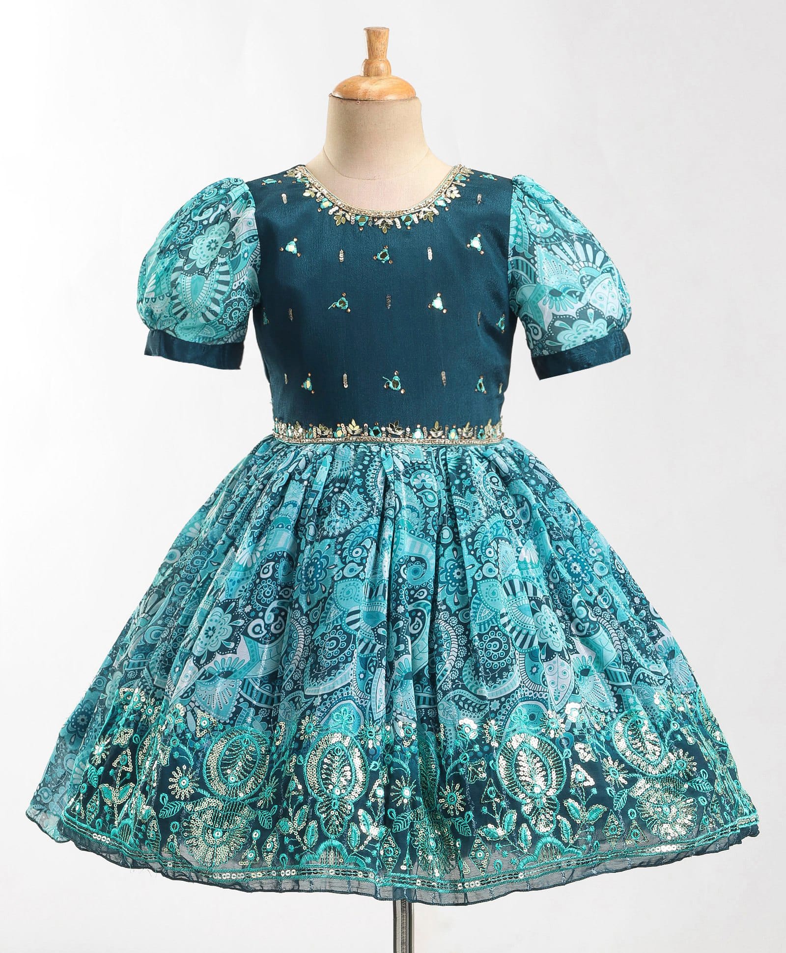 Enfance Woven Puff Sleeves Flower Printed Sequinned & Mirror Embroidered Party Dress - Green-picture-42