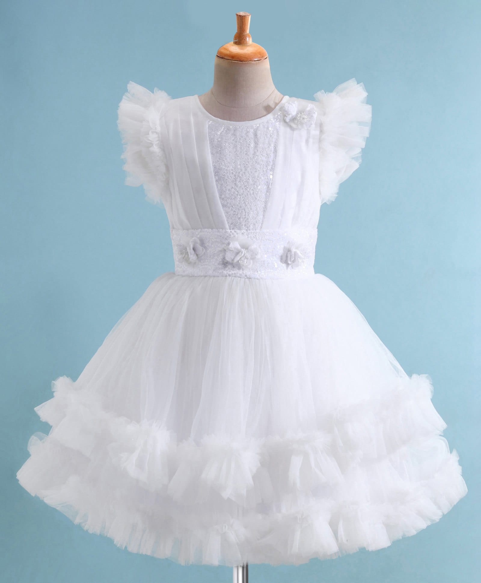 Enfance Net Woven Half Frill Sleeves Sequinned & Floral Applique Party Dress - White-picture-33