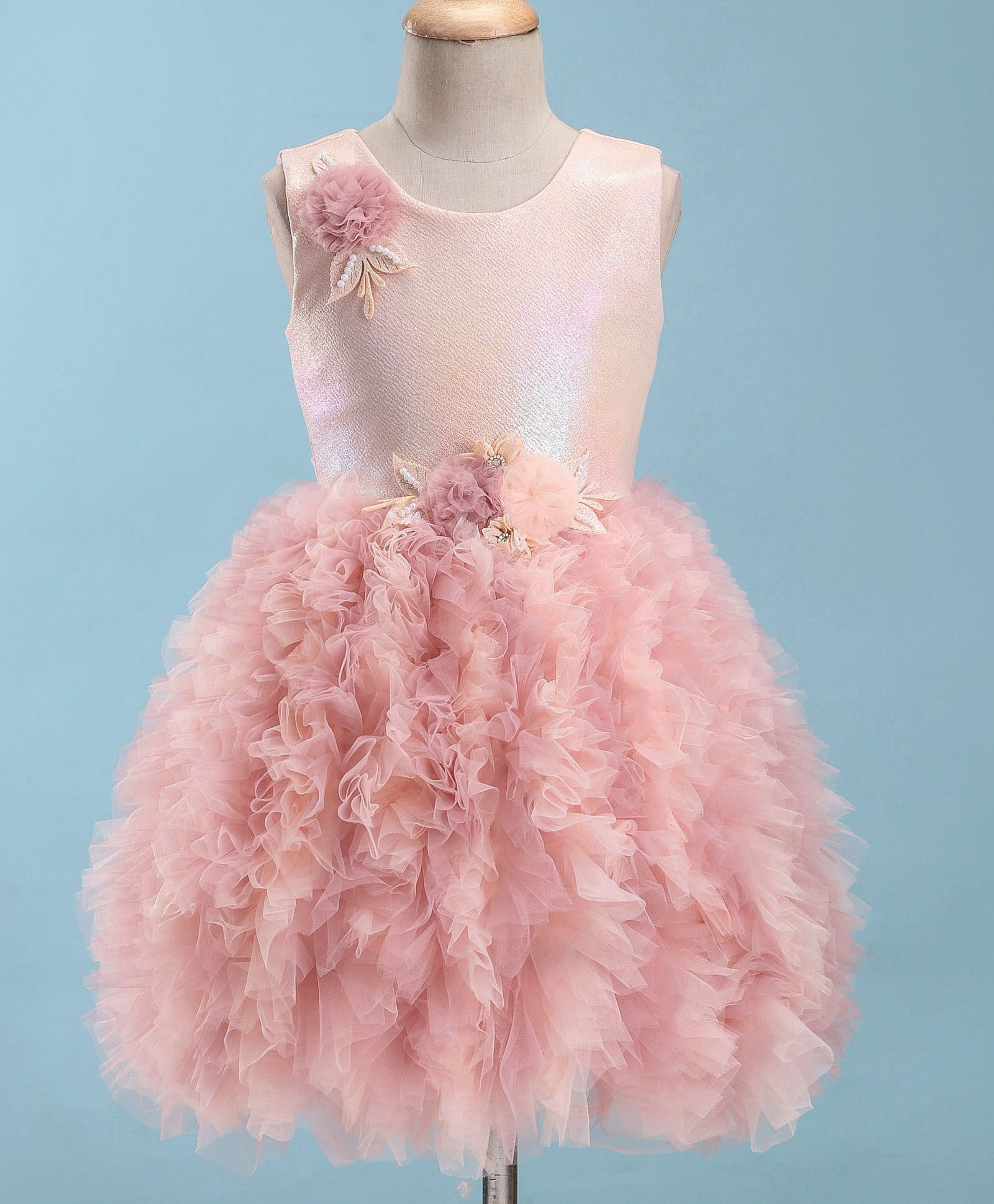 Enfance Net Woven Sleeveless Ruffle Detailed Party Dress With Corsage - Peach-image-35