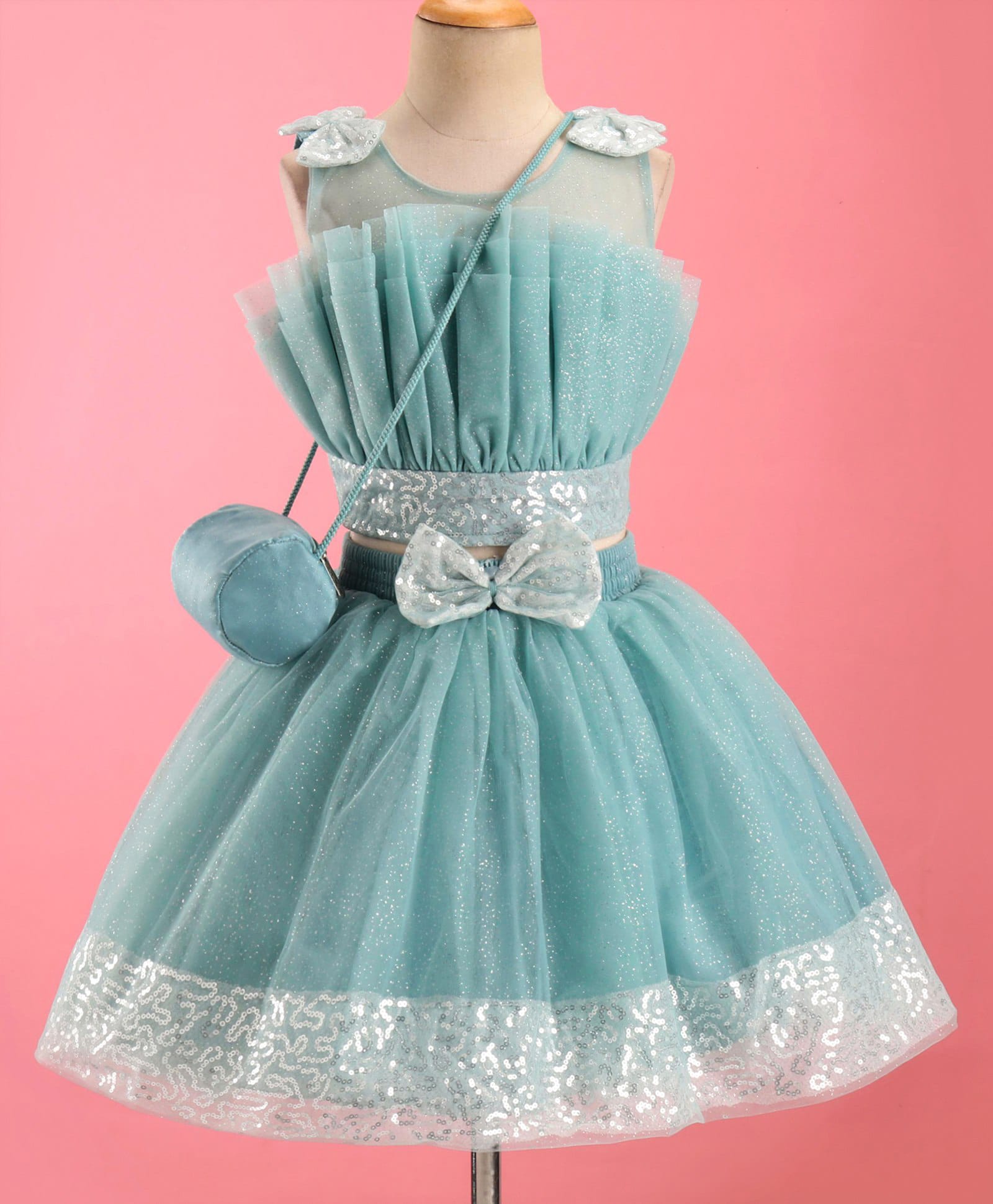 Enfance Woven Sleeveless Bow Applique Top With Frill Skirt With Sling Bag-Light Blue-image-48
