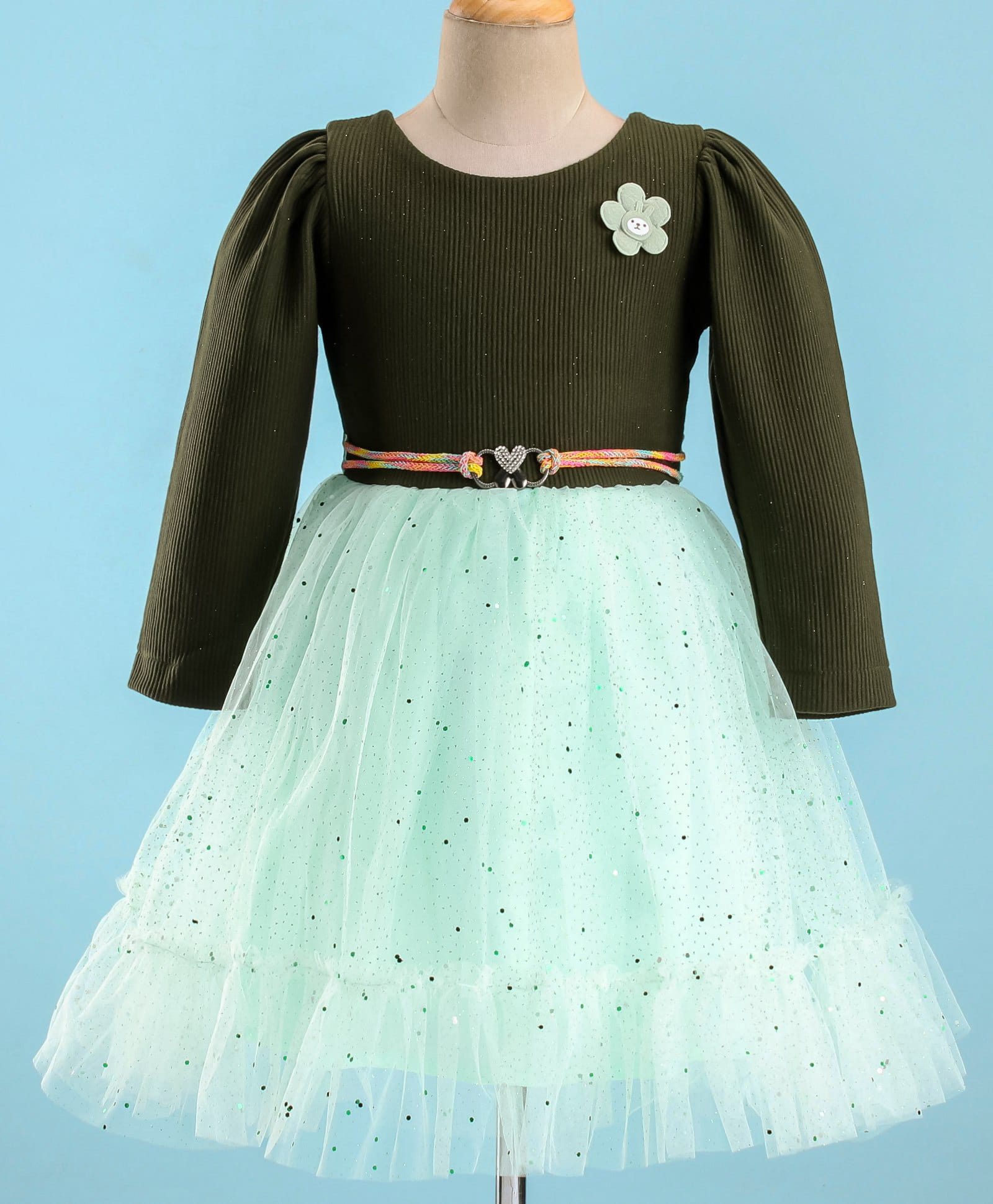 Enfance Net Woven Full Sleeves Ribbed Bodice & Applique Detailed With Lace Embellished Fit & Flare Party Dress - Green-image-12