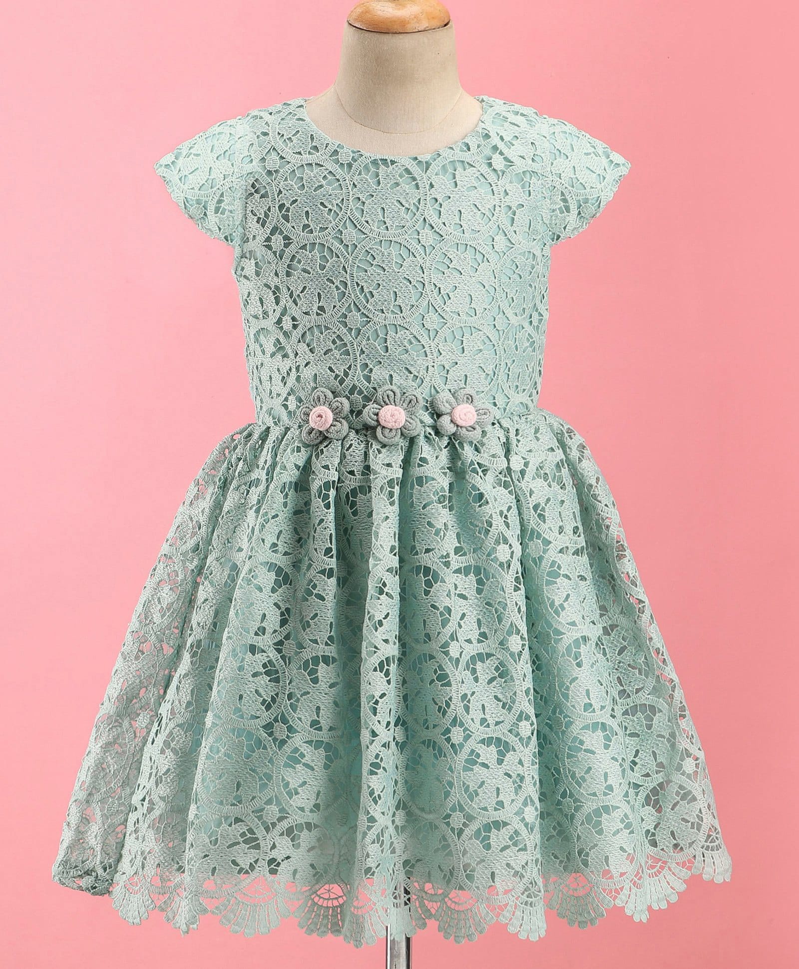 Enfance Silk Woven Half Sleeves Flared Party Dress With Floral Applique - Light Green-picture-12