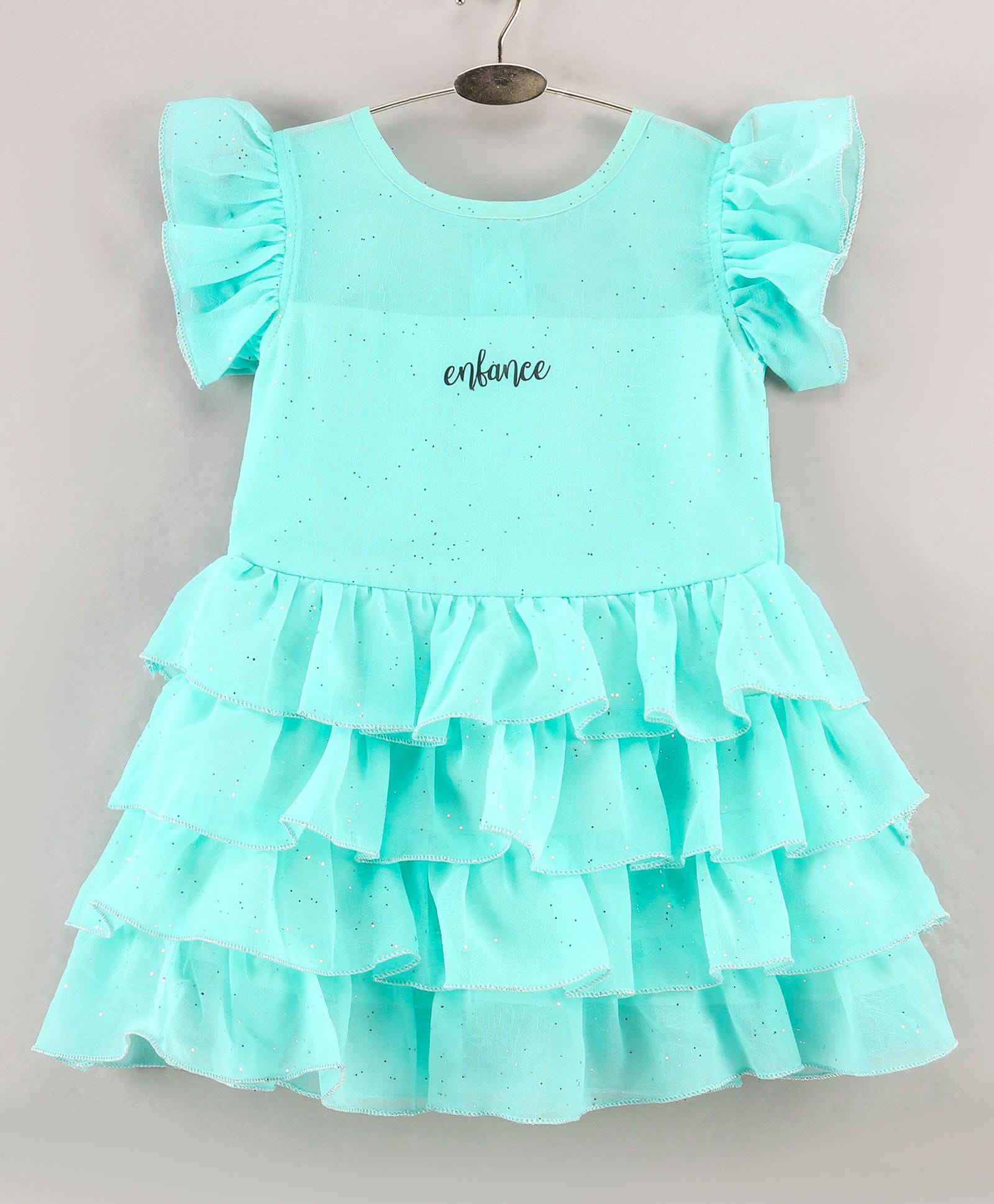 Enfance Woven Cap Frill Sleeves Foil Dots Printed Layered Party Dress With Enfance Print - Turquoise-picture-12