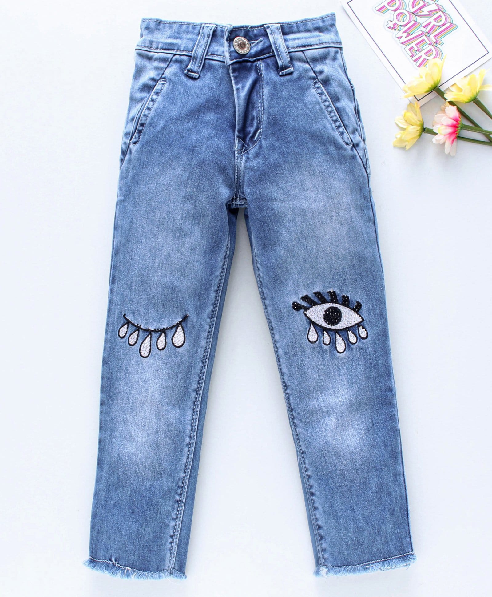 Enfance Eyes Embroidery Ripped Full Length Jeans - Blue-picture-17