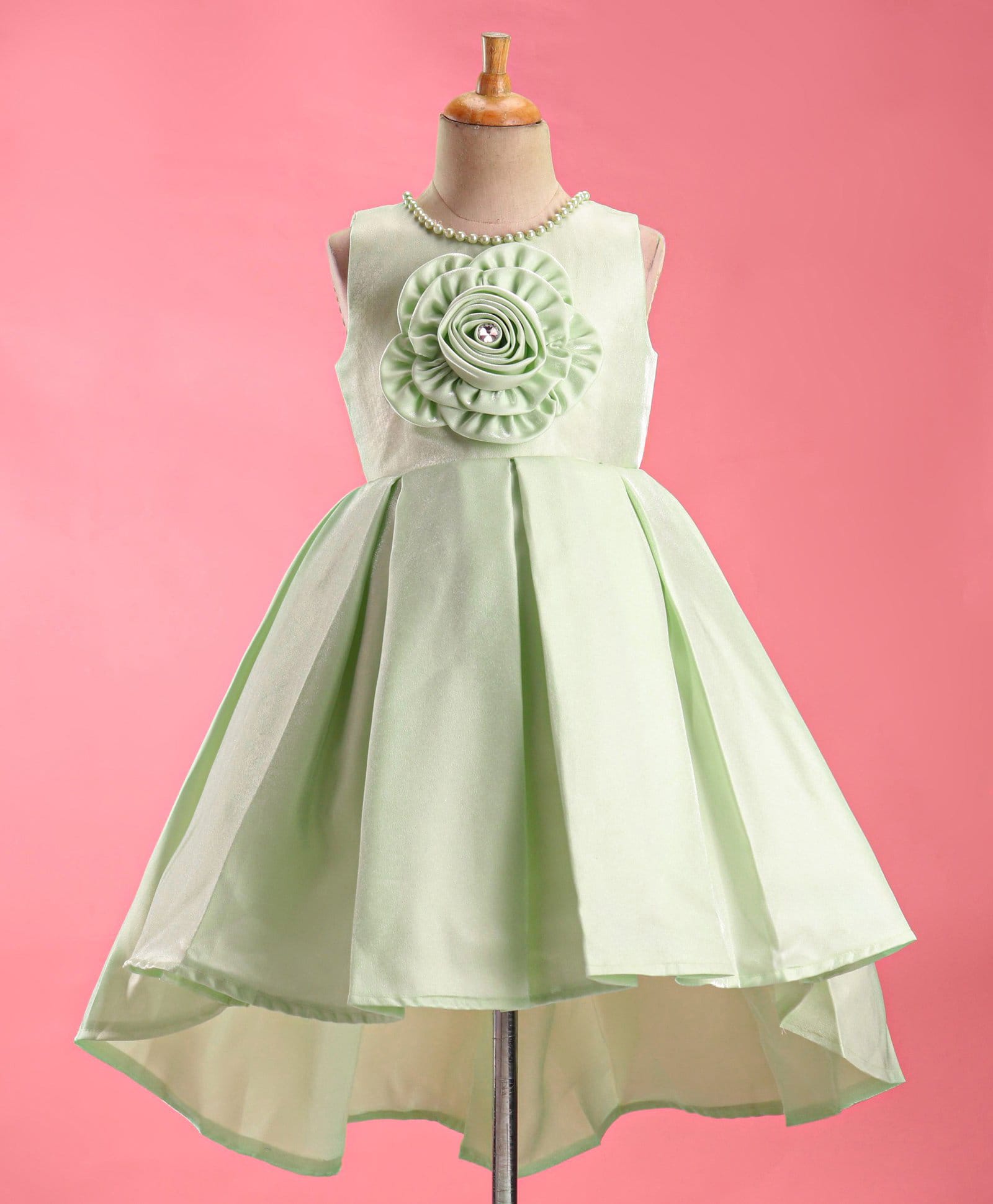 Enfance Net Woven Sleeveless Pleated Party Dress With Floral Applique & Pearl Embellishment - Light Green-image-20
