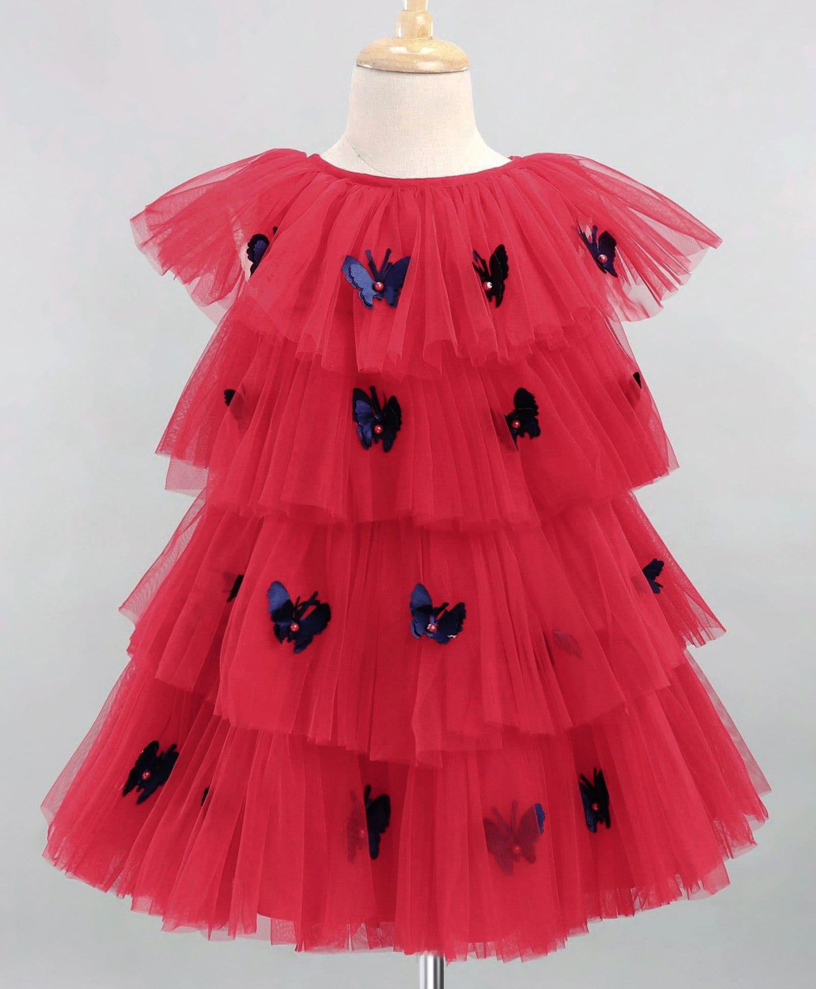 Enfance Net Woven Half Sleeves Layered Party Dress With Butterfly Applique - Red-picture-23