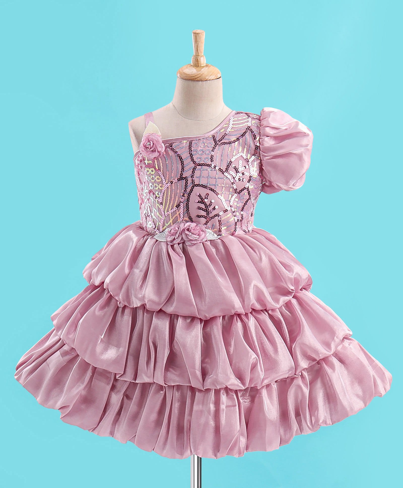 Enfance Net Woven One Shoulder Half Sleeve Sequinned Bodice Embellished Fit & Flare Layered Party Dress With Floral Applique - Pink-picture-1