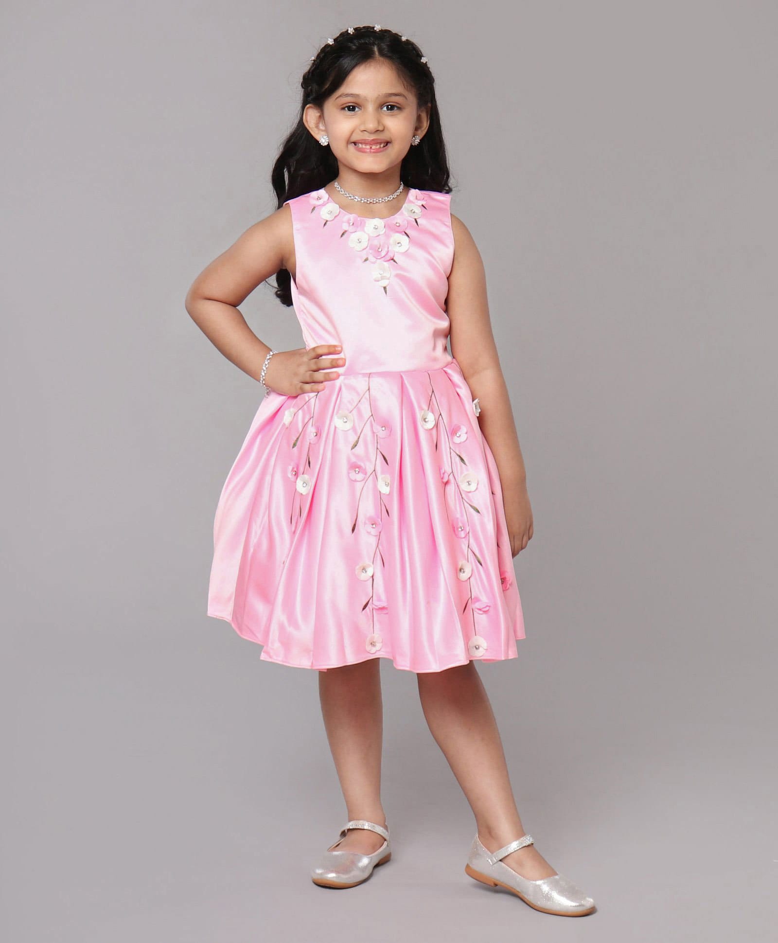 Enfance Satin Woven Sleeveless Floral Applique Flared Party Dress - Pink-image-13