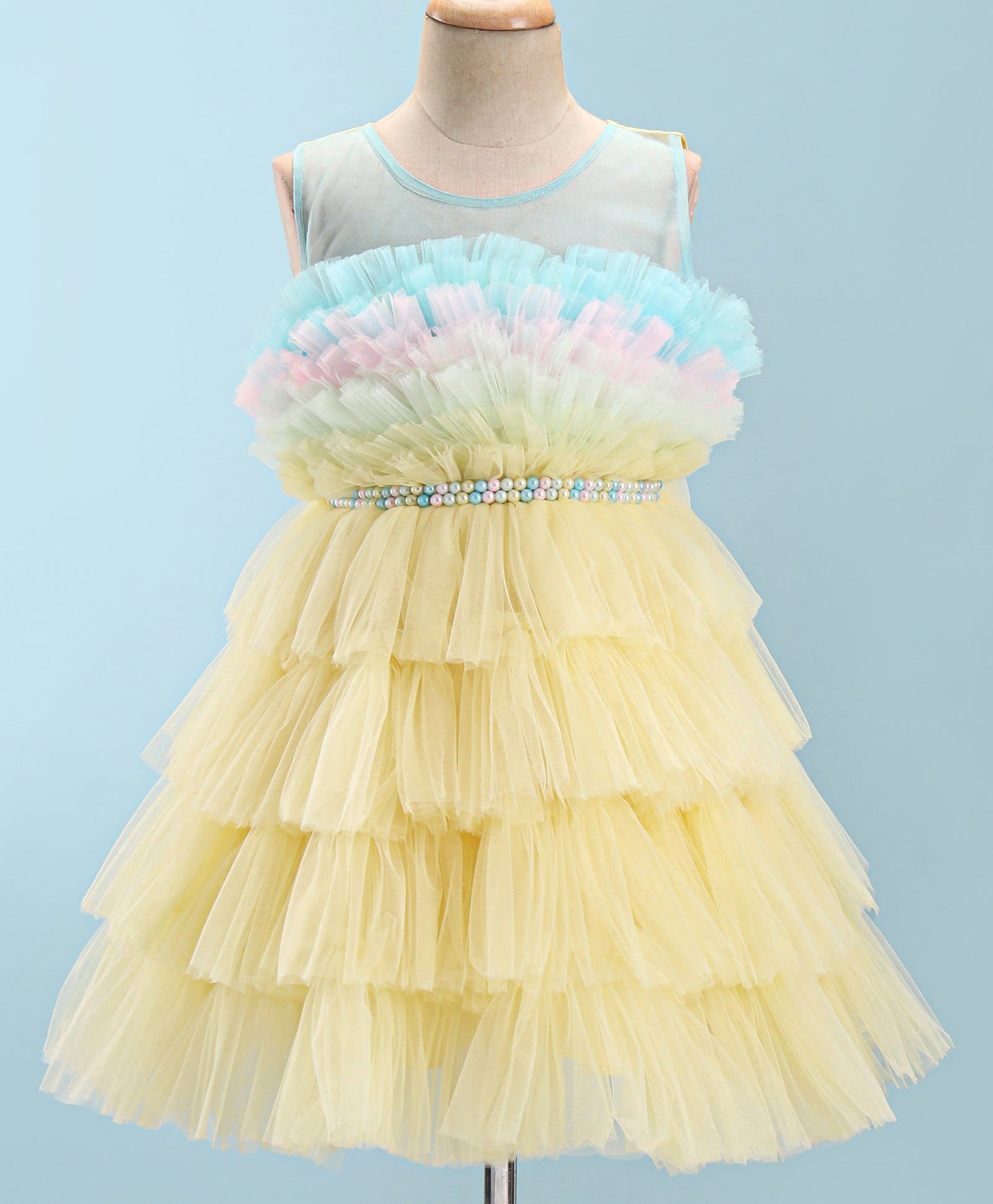 Enfance Net Woven Sleeveless Layered Flare Party Dress With Pearl Embellishment -Yellow-picture-29