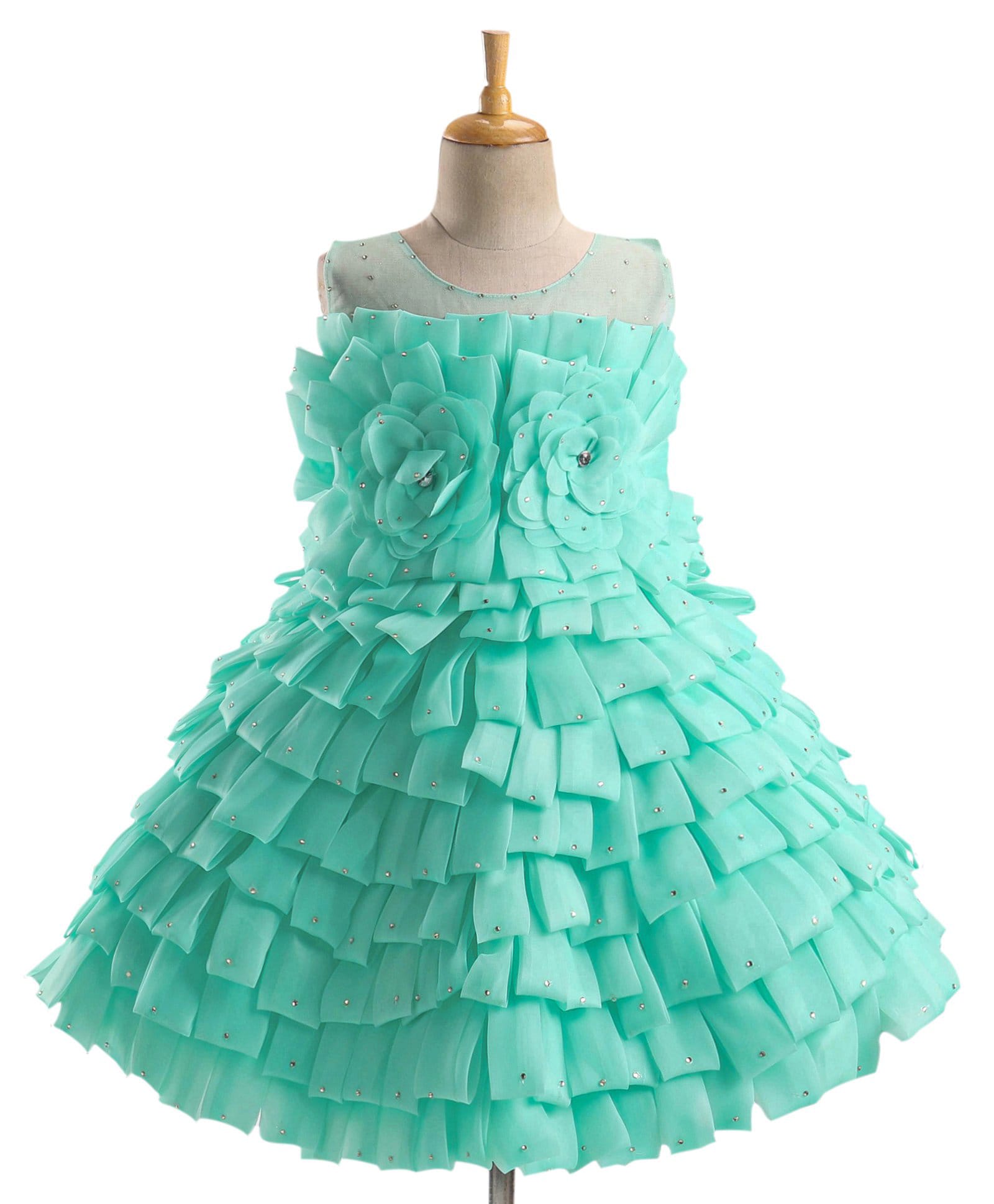 Enfance Tissue Woven Sleeveless Floral Applique Layered Party Dress - Sea Green-picture-23