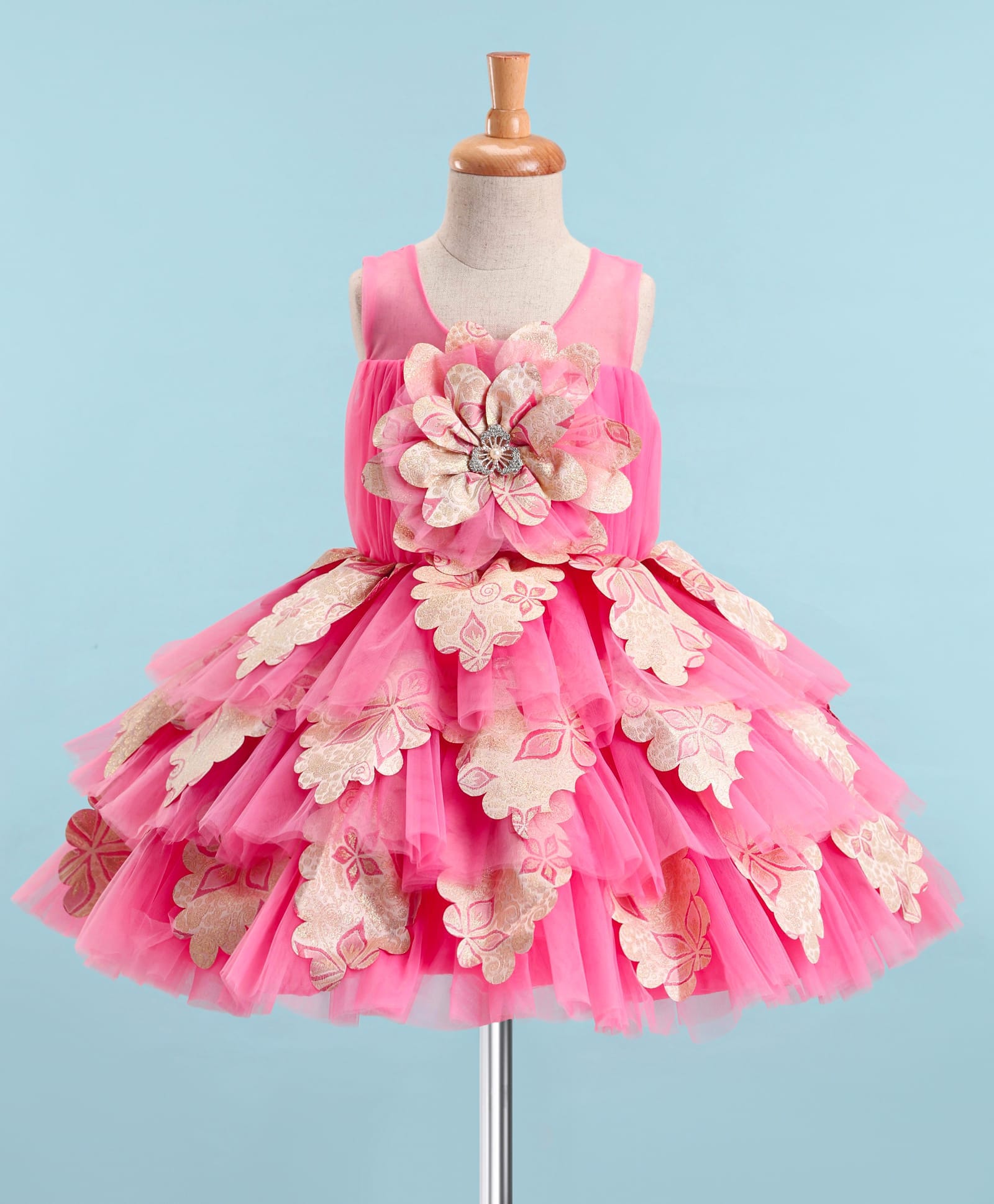 Enfance Net Woven Sleeveless Floral Appliqued Layered Party Dress - Dark Pink-image-28