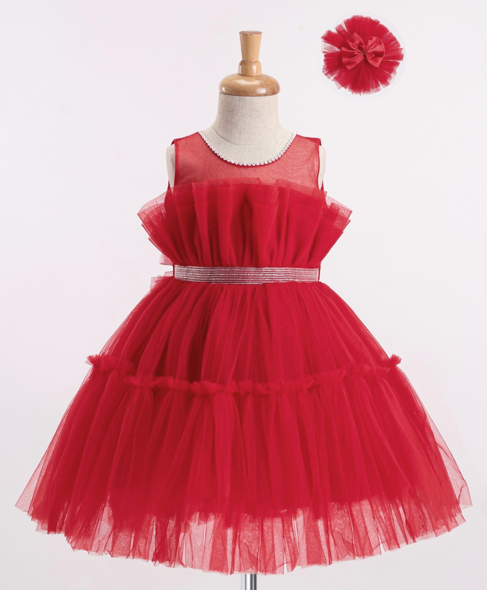 Enfance Net Woven Sleeveless Party Dress With Rhinestones Embellishment - Red-picture-18