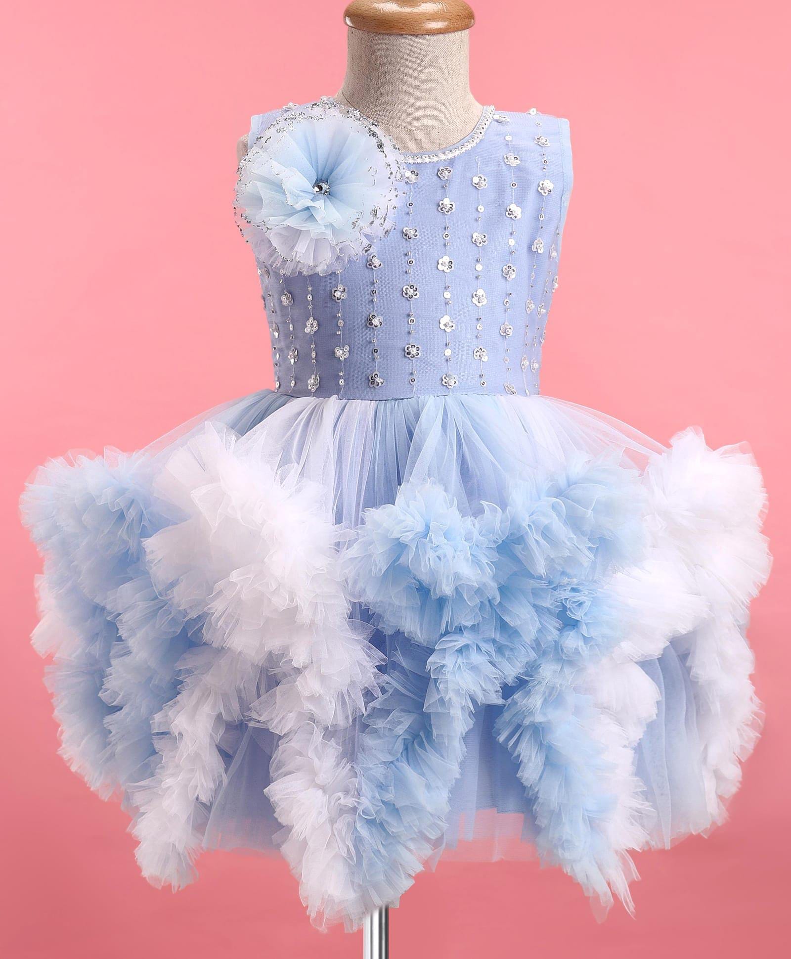 Enfance Net Woven Sleeveless Sequin Flower & Ruffle Detailed Party Dress - Light Blue-image-1