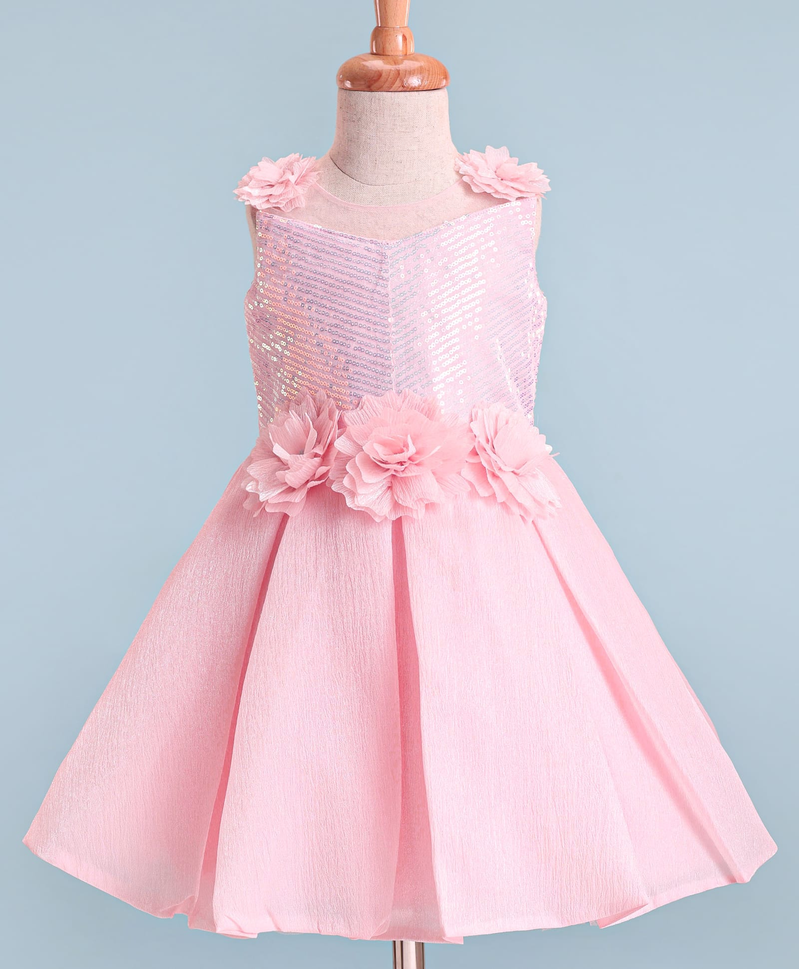 Enfance Cotton Silk Woven Sleeveless Sequin Detailed Flower Applique Pleated Party Dress - Pink-picture-17