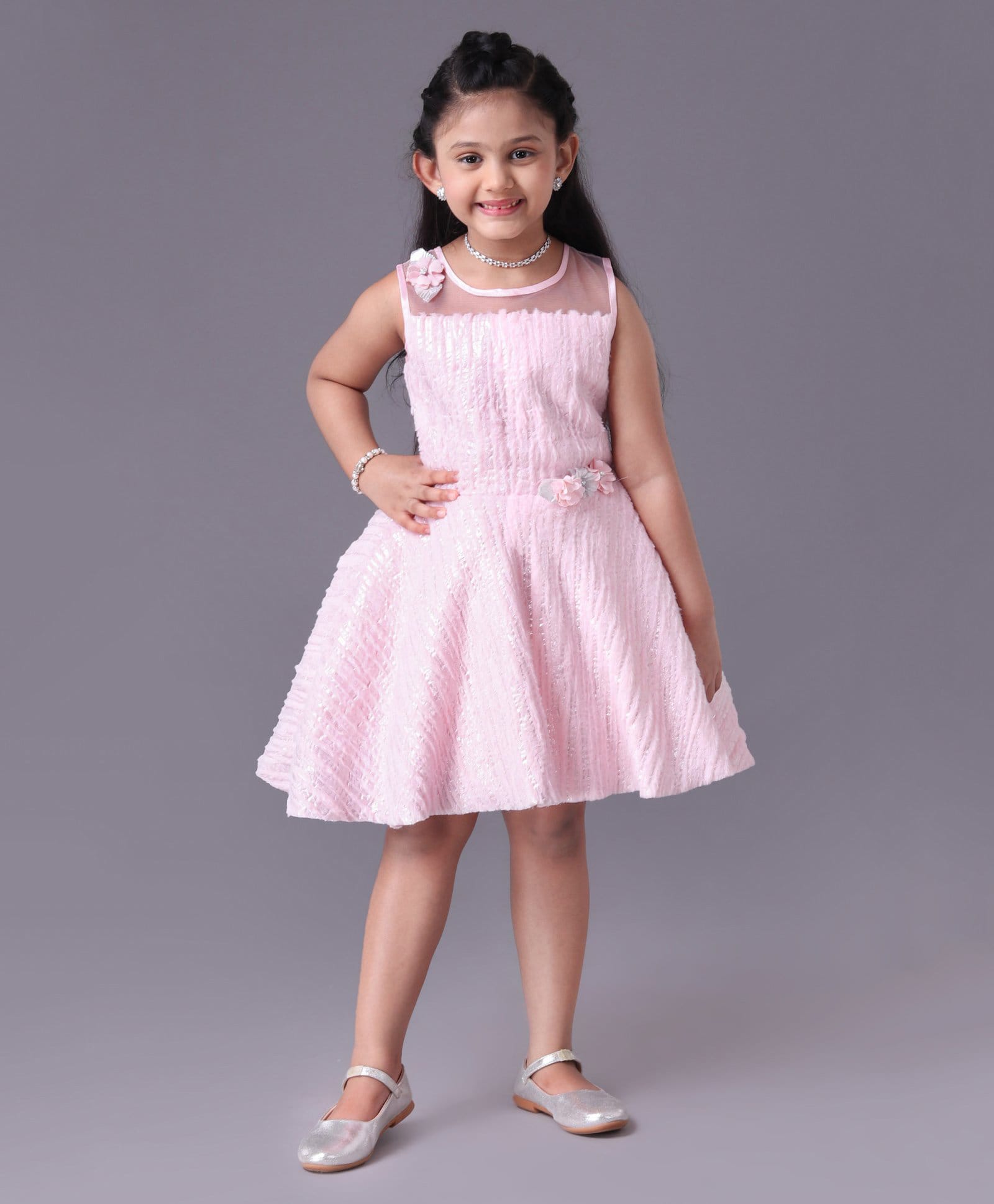 Enfance Fur Knit Sleeveless Foil Printed Party Dress With Floral Applique - Pink-picture-34