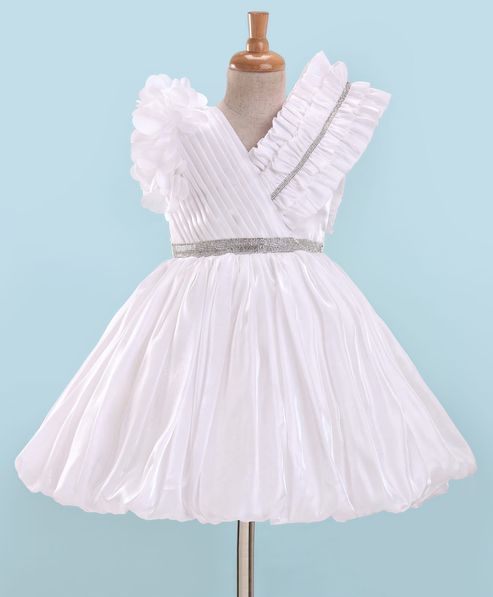Enfance Knit Half Sleeves Flower Corsage,Pleated Flared Party Dress-White-picture-47