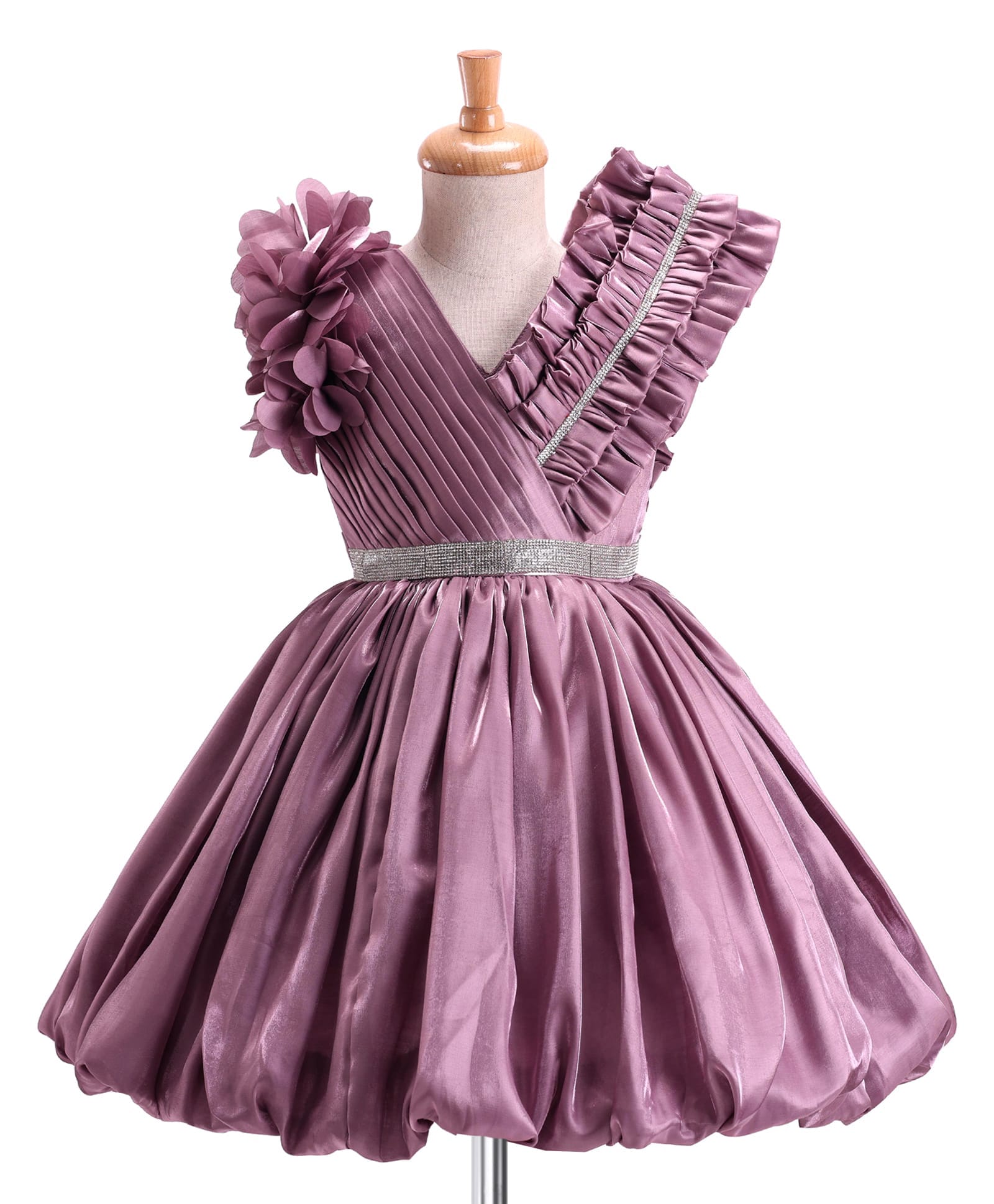 Enfance Net Woven Half Sleeves Flower Corsage Pleated Pattern Flared Party Dress With Rhinestones Embellishment- Mauve-image-12