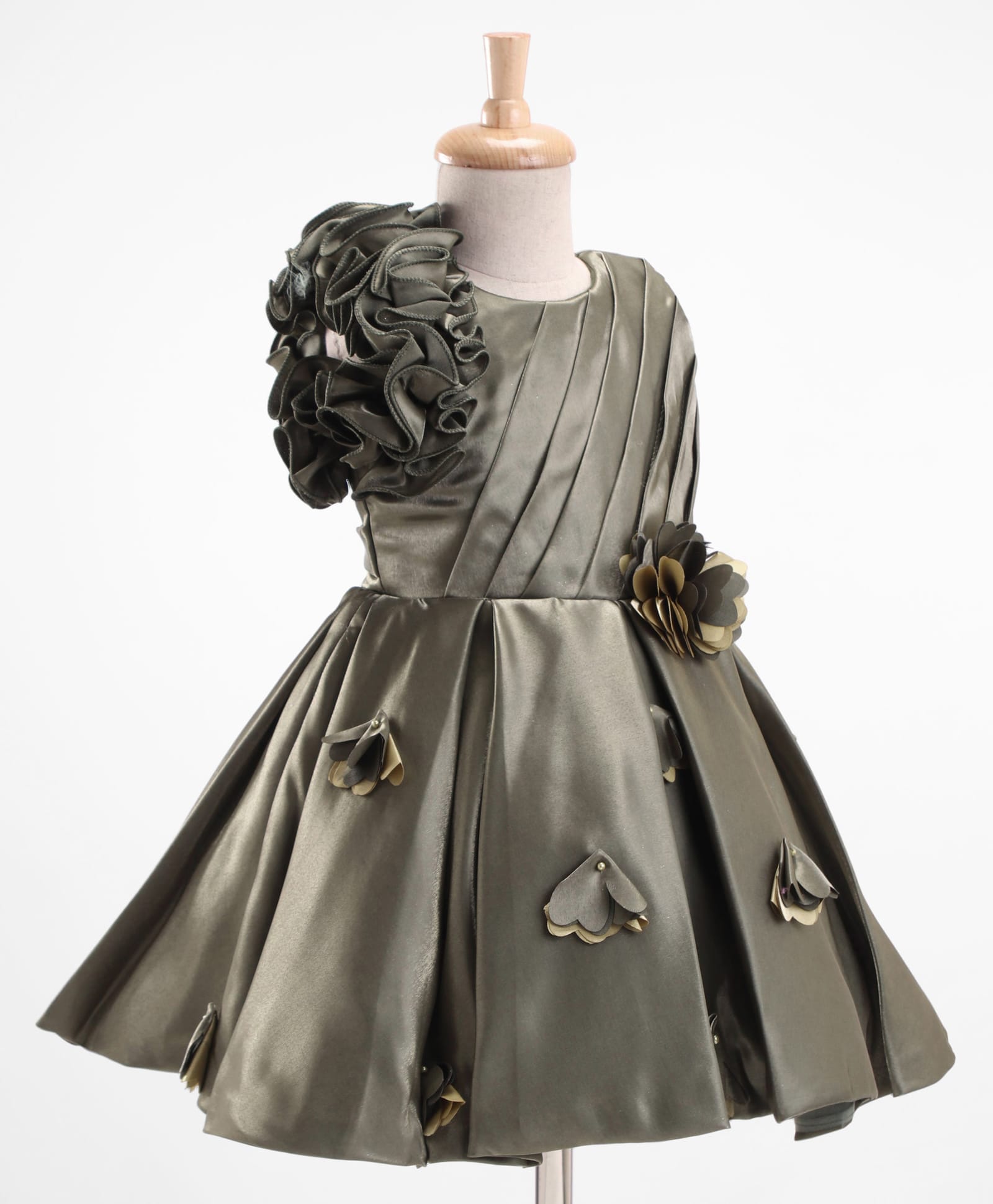 Enfance Satin Woven Sleeveless Floral Applique Pleated Party Dress - Olive Green-picture-13