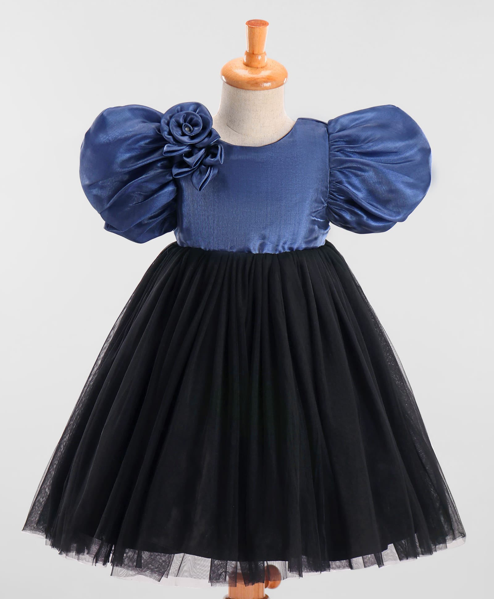 Enfance Net Woven Balloon Sleeves Flower Applique Party Dress - Blue-picture-40