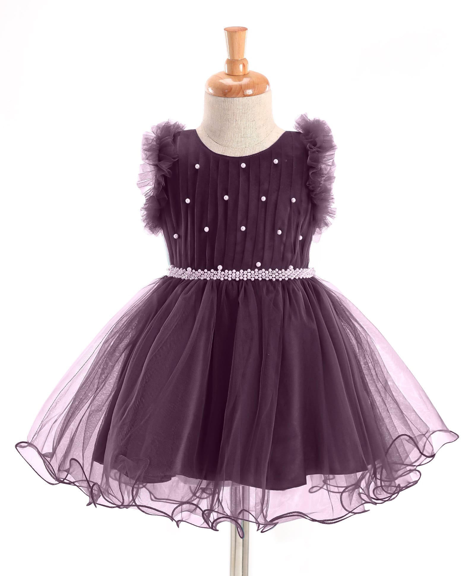 Enfance Net Woven Flutter Sleeves Party Dress With Pearl Embellishment - Lavender-image-4