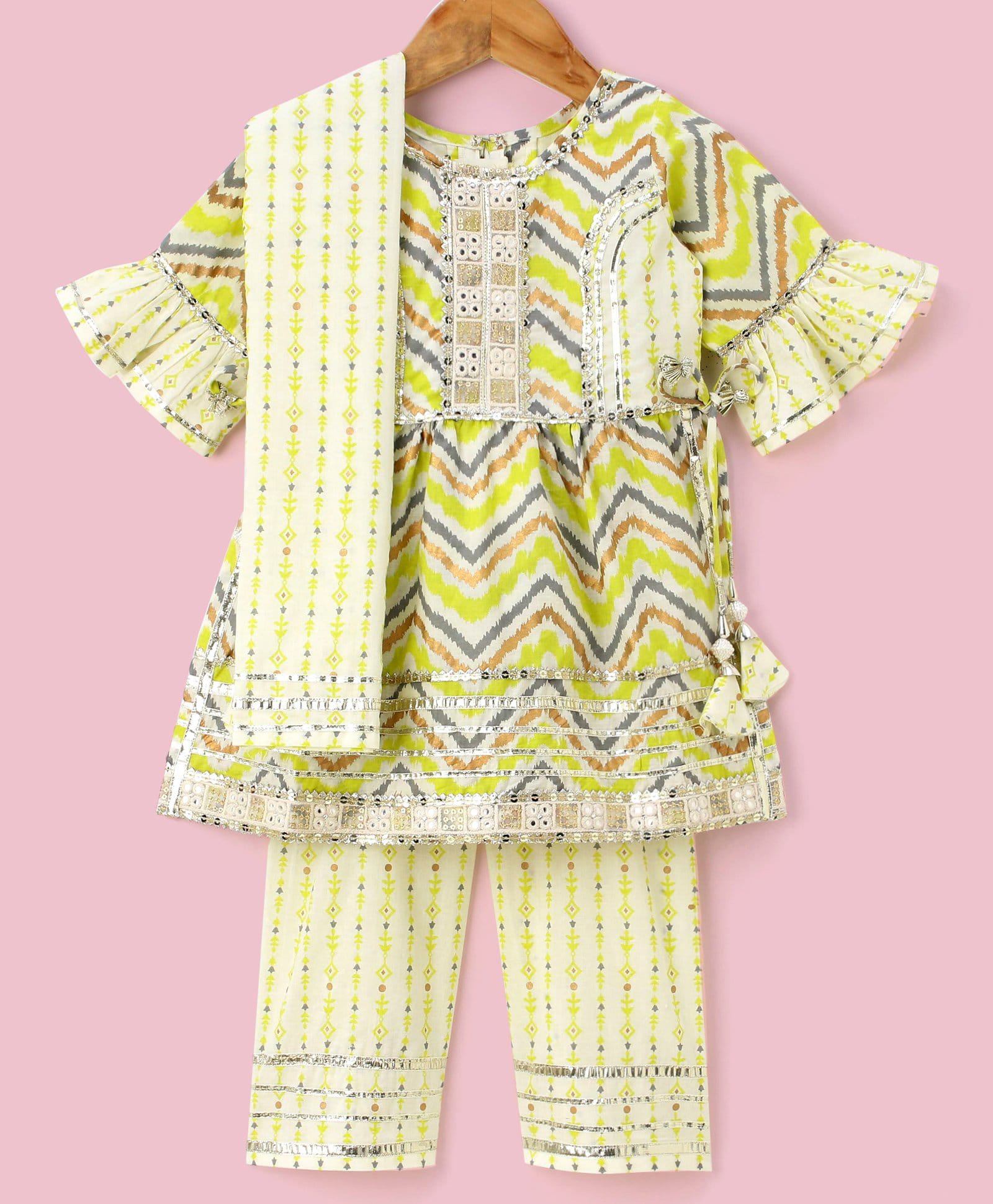 Enfance Cotton Woven Three Fourth Sleeves Chevron Print Mirror Work Kurta Salwar Set with Dupatta - Lemon Yellow-picture-25
